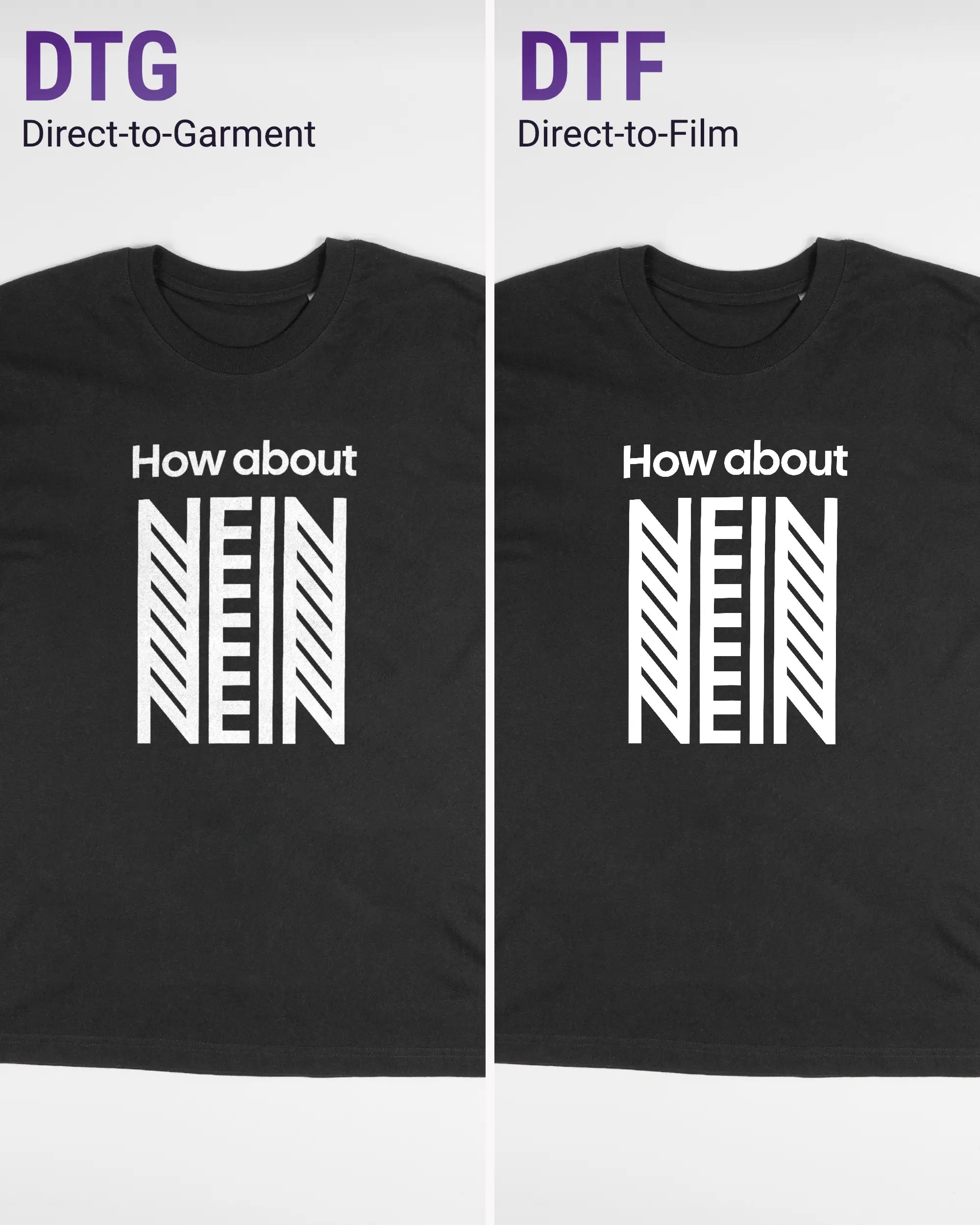 Vergleich der Vorderseiten des Basic Unisex T-Shirt Oversized von Maondo mit dem Design How about nein in der Farbe Black und in der Größe S links mit dem Direct-to-Garment und rechts mit dem Direct-to-Film Verfahren