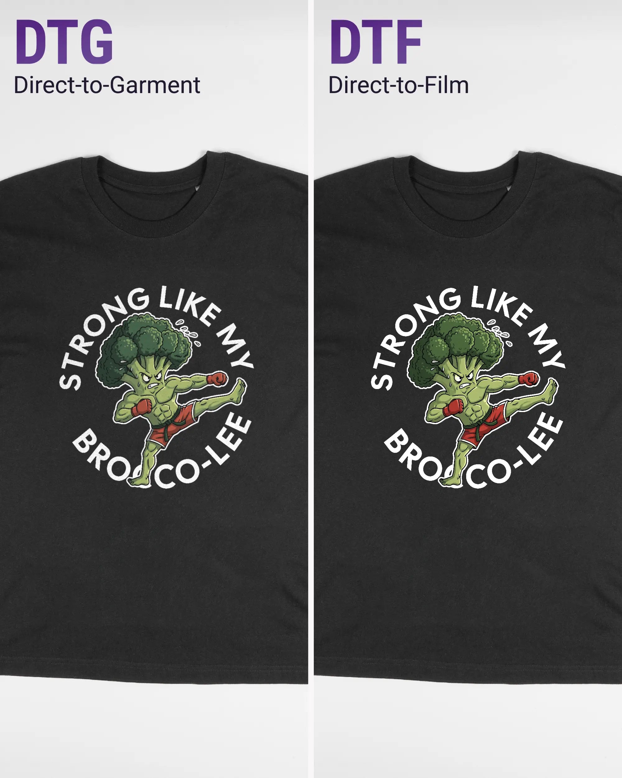 Vergleich der Vorderseiten des Basic Unisex T-Shirt Oversized von Maondo mit dem Design Brocco-Lee in der Farbe Black und in der Größe S links mit dem Direct-to-Garment und rechts mit dem Direct-to-Film Verfahren