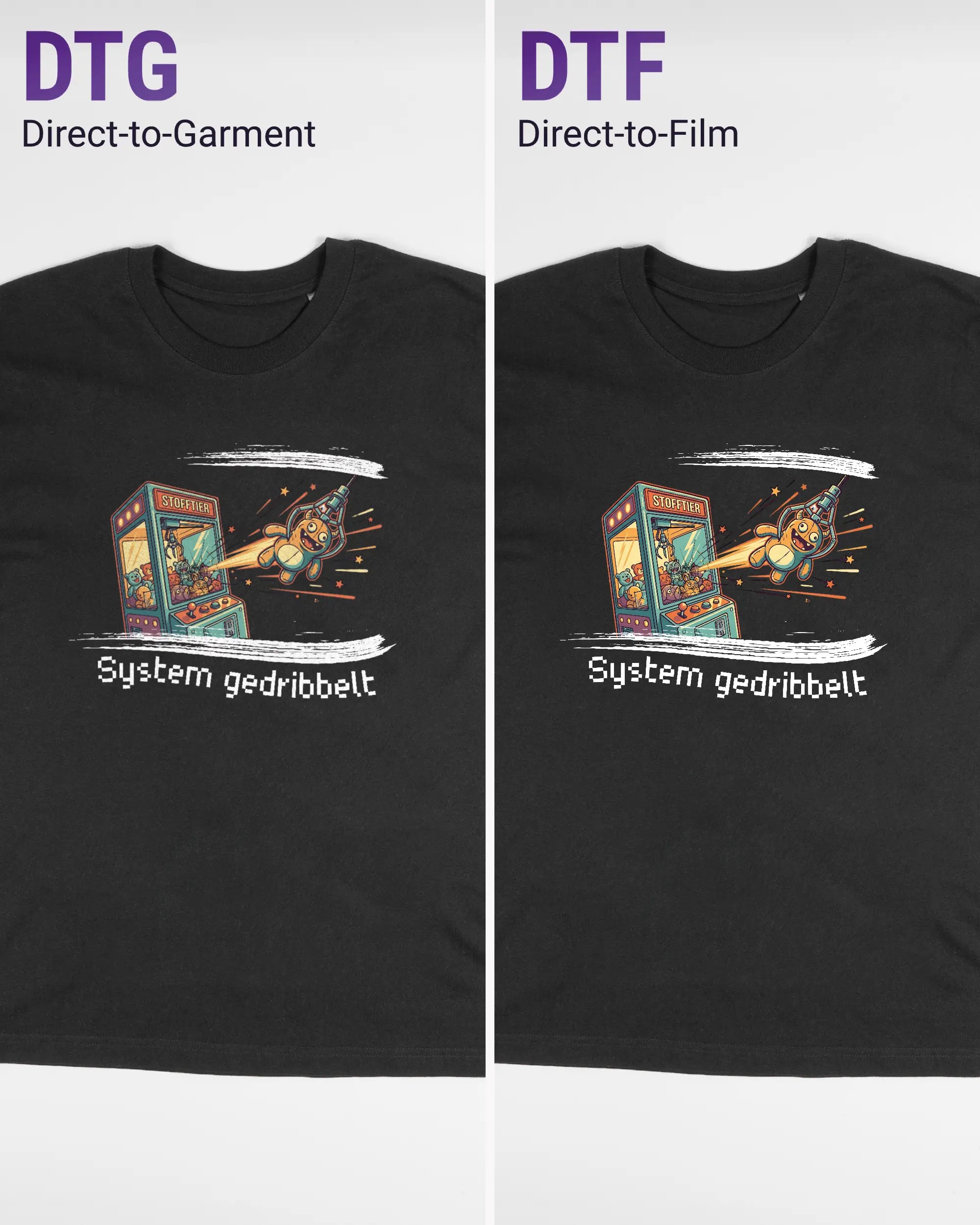 Vergleich der Vorderseiten des Basic Unisex T-Shirt Oversized von Maondo mit dem Design System gedribbelt in der Farbe Black und in der Größe S links mit dem Direct-to-Garment und rechts mit dem Direct-to-Film Verfahren