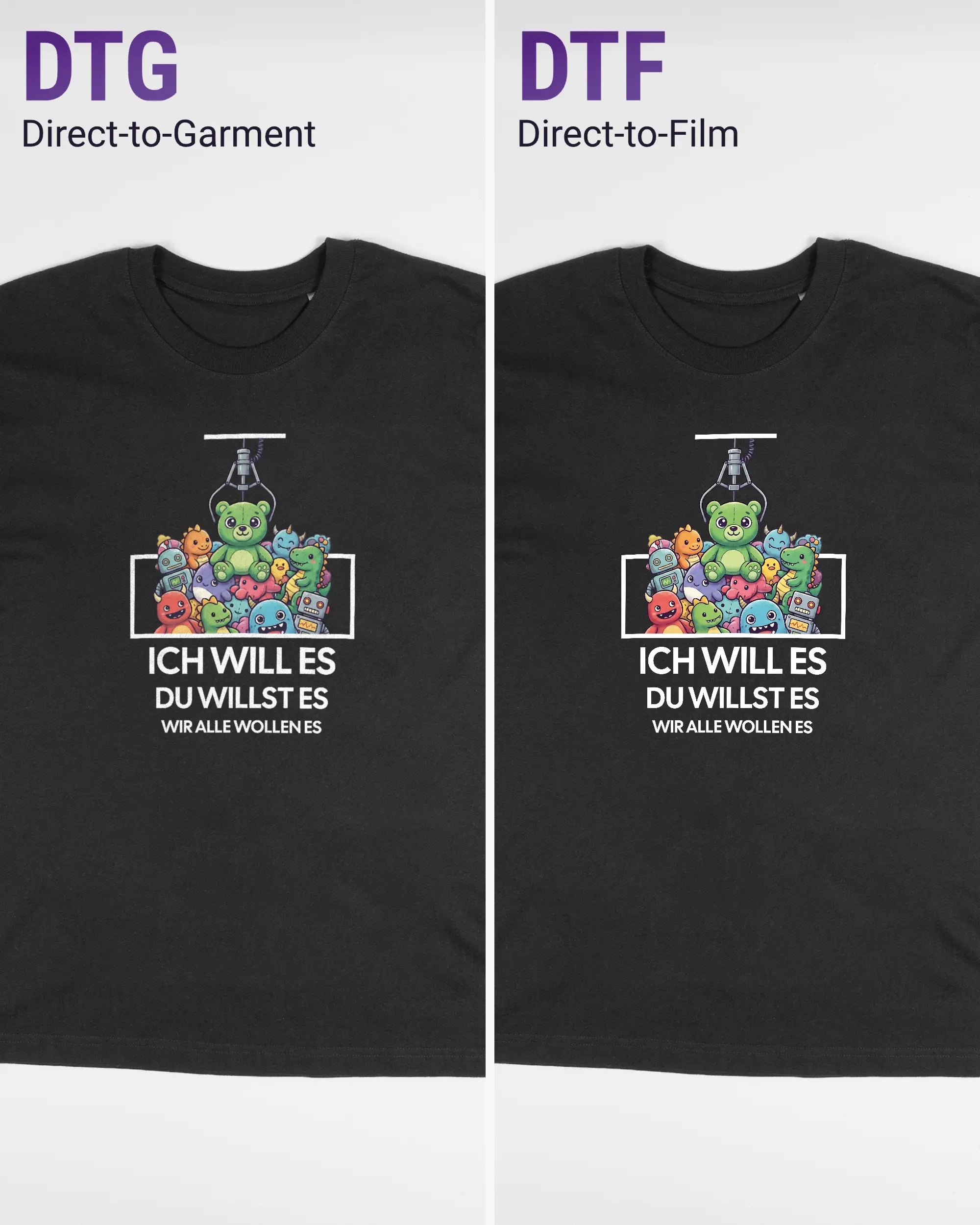 Vergleich der Vorderseiten des Basic Unisex T-Shirt Oversized von Maondo mit dem Design Will Stofftier in der Farbe Black und in der Größe S links mit dem Direct-to-Garment und rechts mit dem Direct-to-Film Verfahren