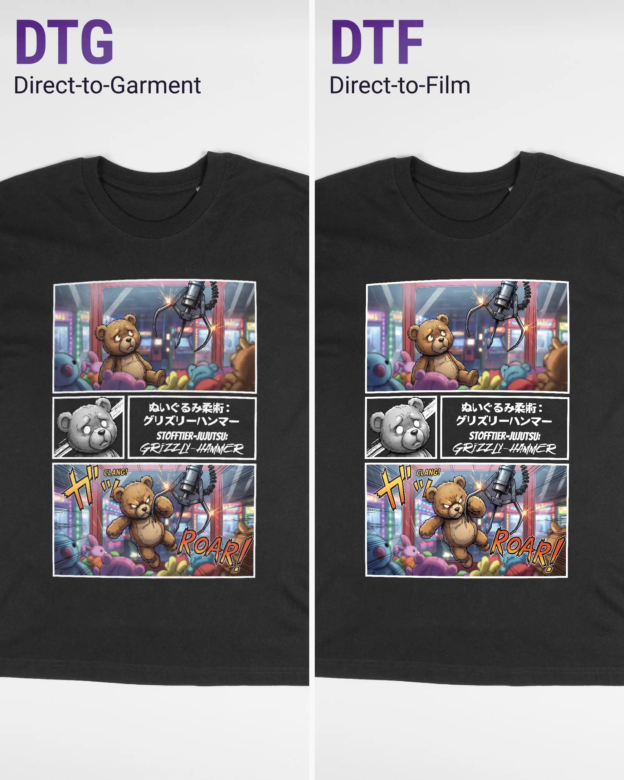 Vergleich der Vorderseiten des Basic Unisex T-Shirt Oversized von Maondo mit dem Design Manga Stoff in der Farbe Black und in der Größe S links mit dem Direct-to-Garment und rechts mit dem Direct-to-Film Verfahren