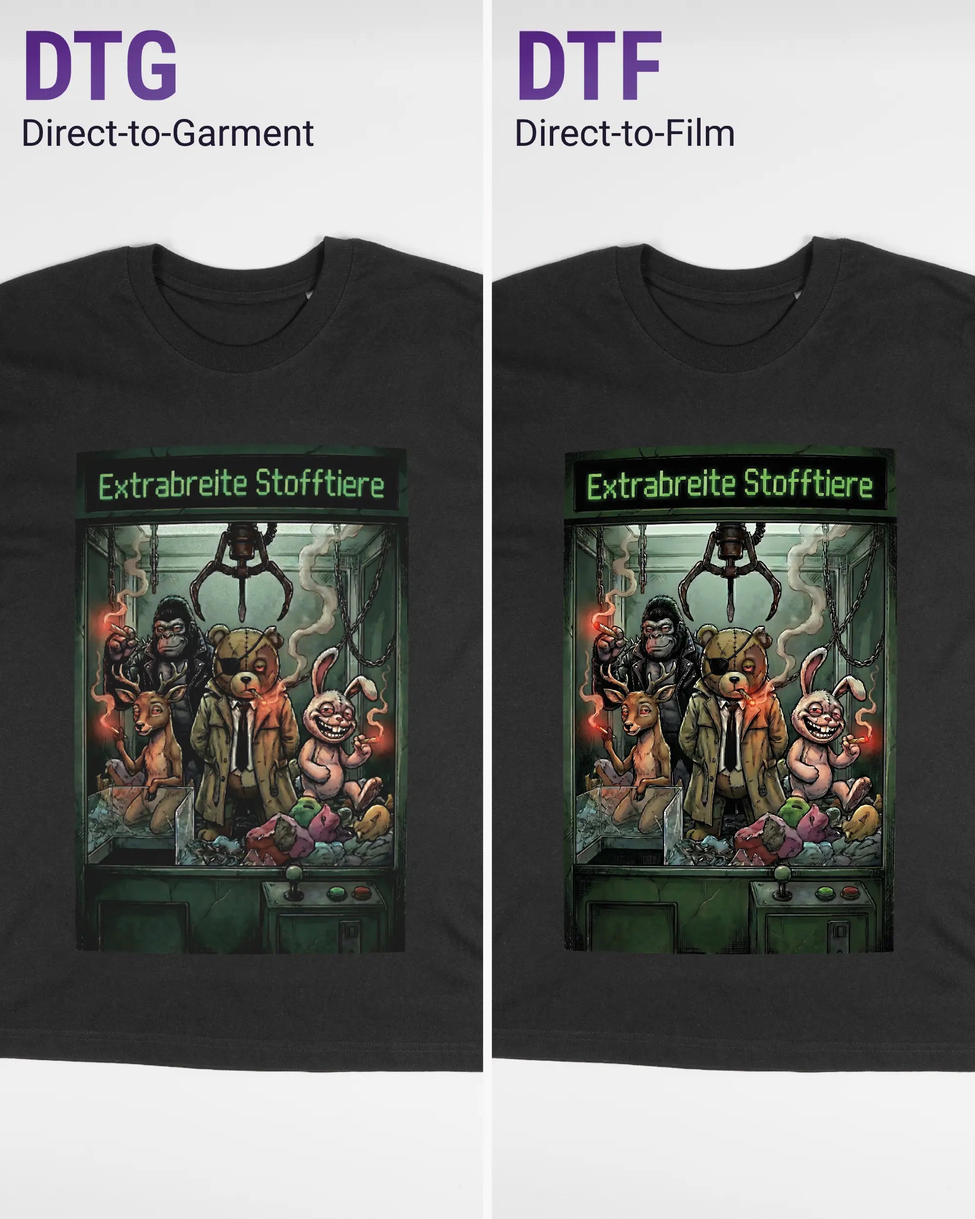 Vergleich der Vorderseiten des Basic Unisex T-Shirt Oversized von Maondo mit dem Design Extrabreit in der Farbe Black und in der Größe S links mit dem Direct-to-Garment und rechts mit dem Direct-to-Film Verfahren