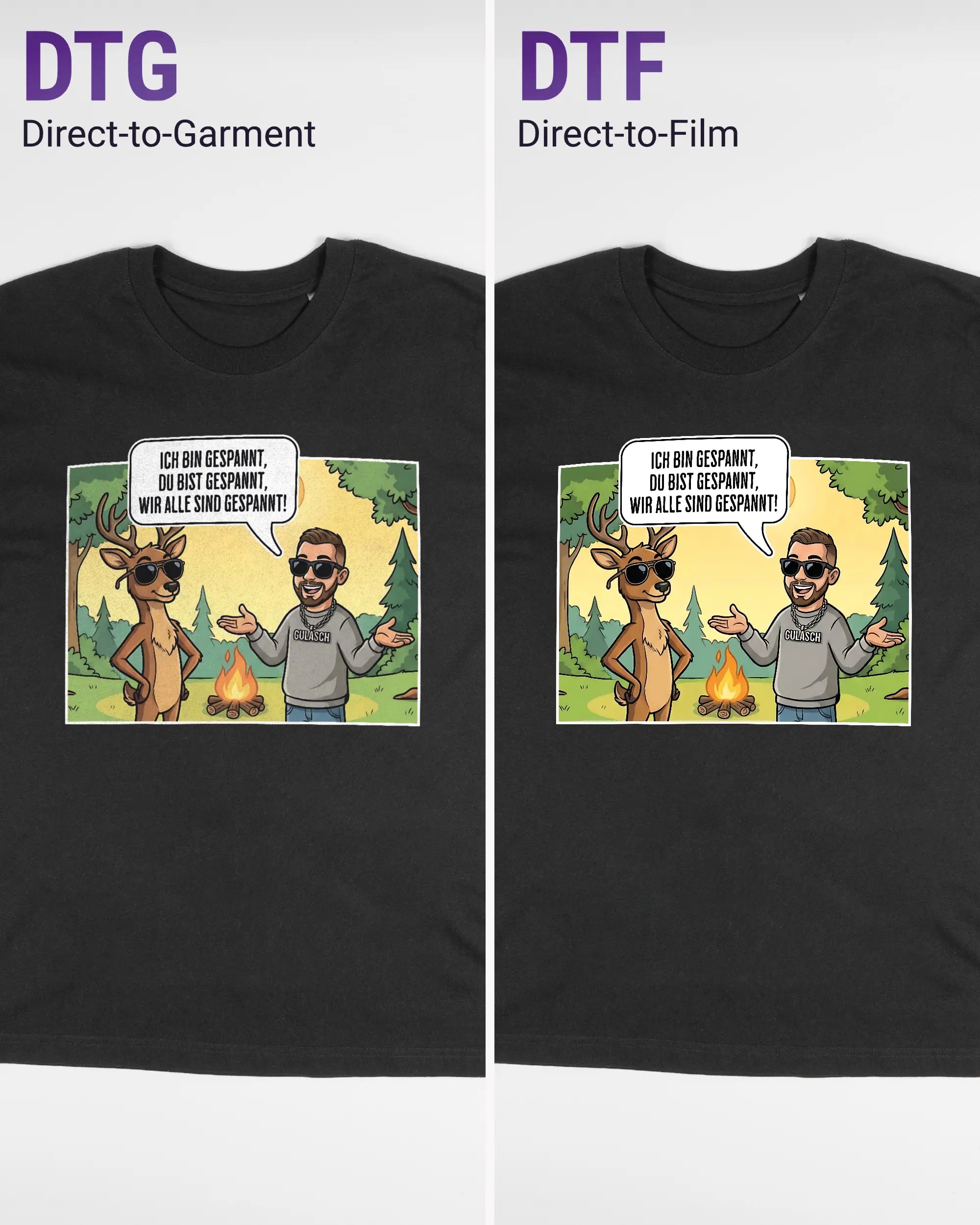 Vergleich der Vorderseiten des Basic Unisex T-Shirt Oversized von Maondo mit dem Design Vollspannung in der Farbe Black und in der Größe S links mit dem Direct-to-Garment und rechts mit dem Direct-to-Film Verfahren