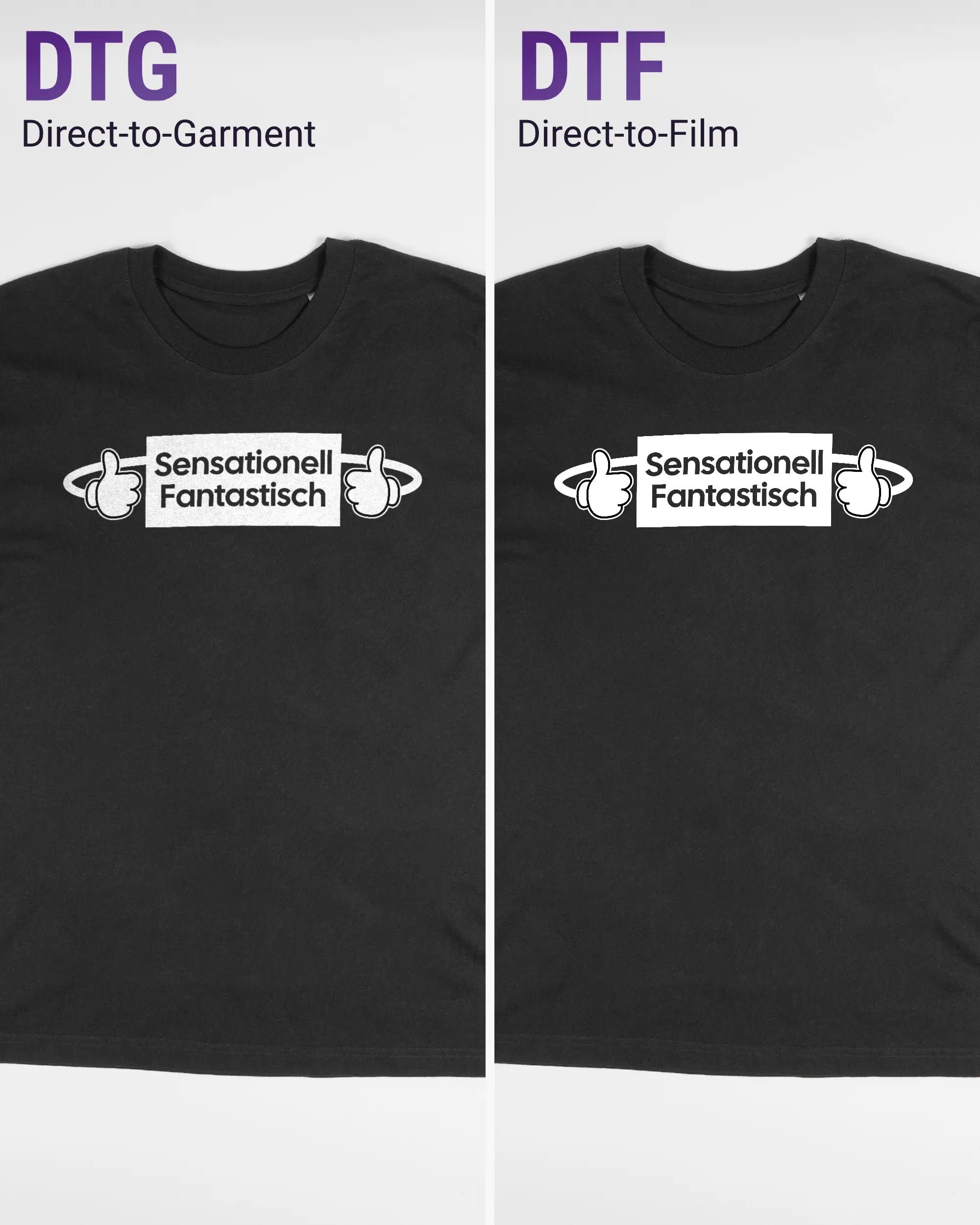 Vergleich der Vorderseiten des Basic Unisex T-Shirt Oversized von Maondo mit dem Design Fantastisch in der Farbe Black und in der Größe S links mit dem Direct-to-Garment und rechts mit dem Direct-to-Film Verfahren