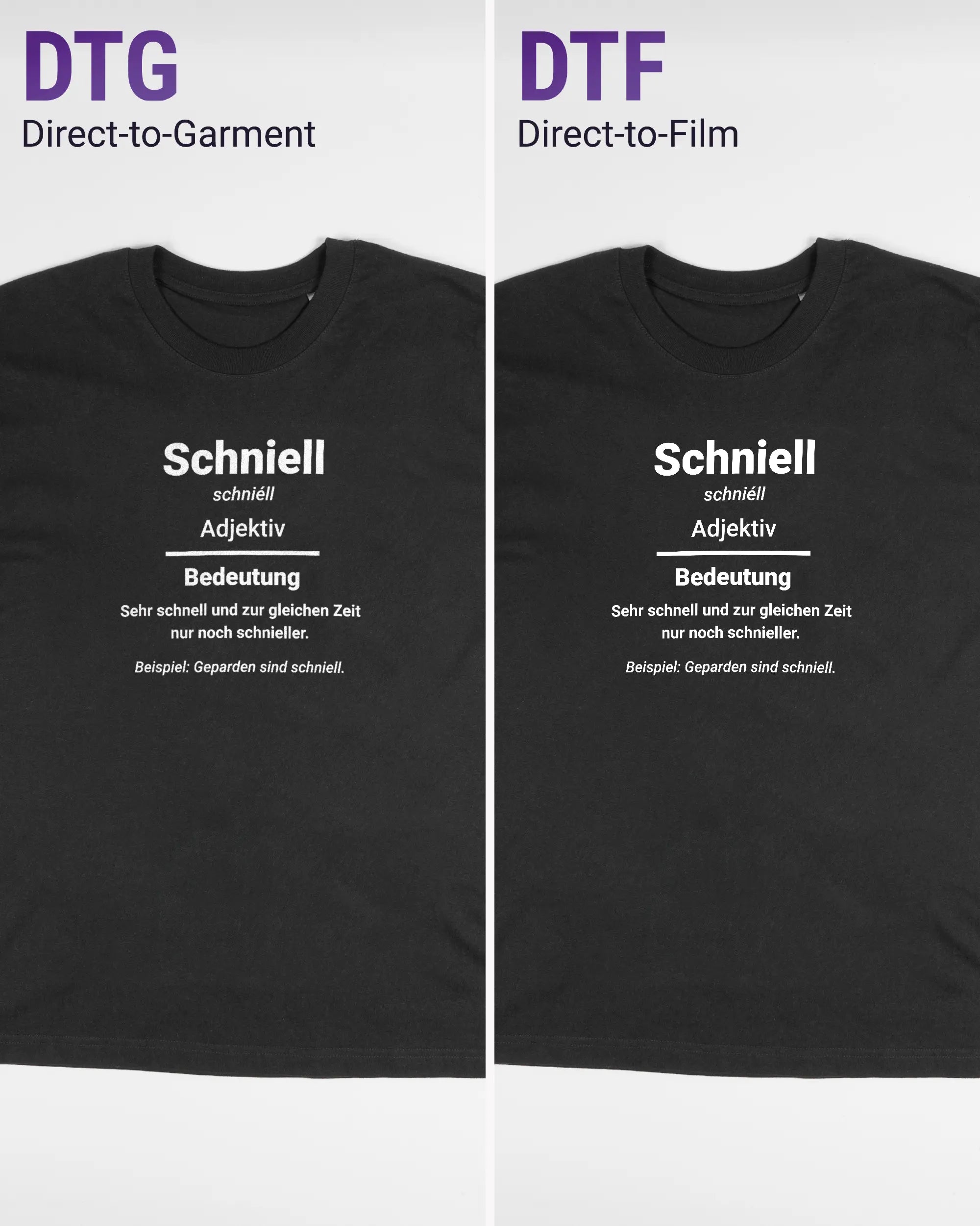 Vergleich der Vorderseiten des Basic Unisex T-Shirt Oversized von Maondo mit dem Design Schniell in der Farbe Black und in der Größe S links mit dem Direct-to-Garment und rechts mit dem Direct-to-Film Verfahren