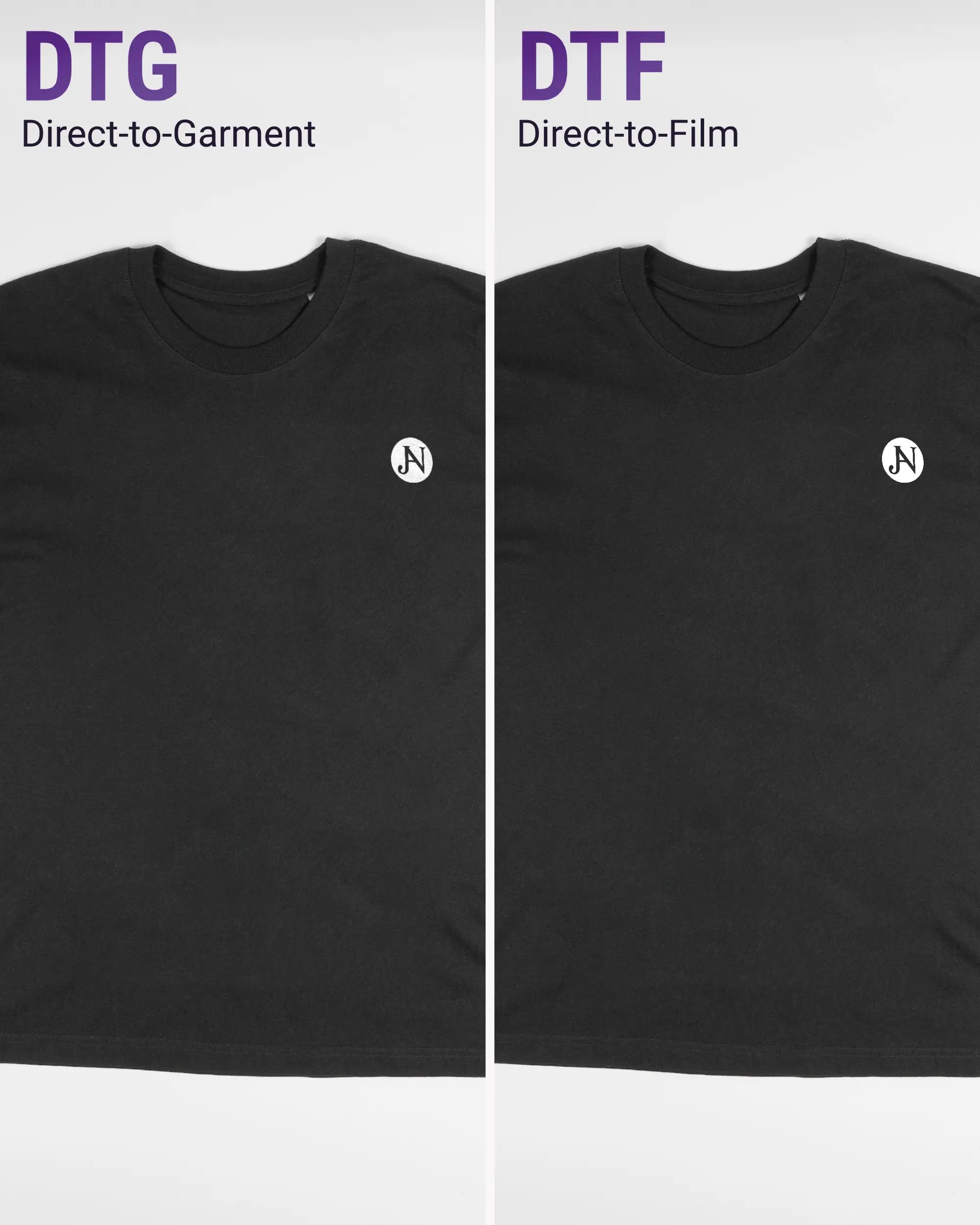 Vergleich der Vorderseiten des Basic Unisex T-Shirt Oversized von Maondo mit dem Design JB1 in der Farbe Black und in der Größe S links mit dem Direct-to-Garment und rechts mit dem Direct-to-Film Verfahren