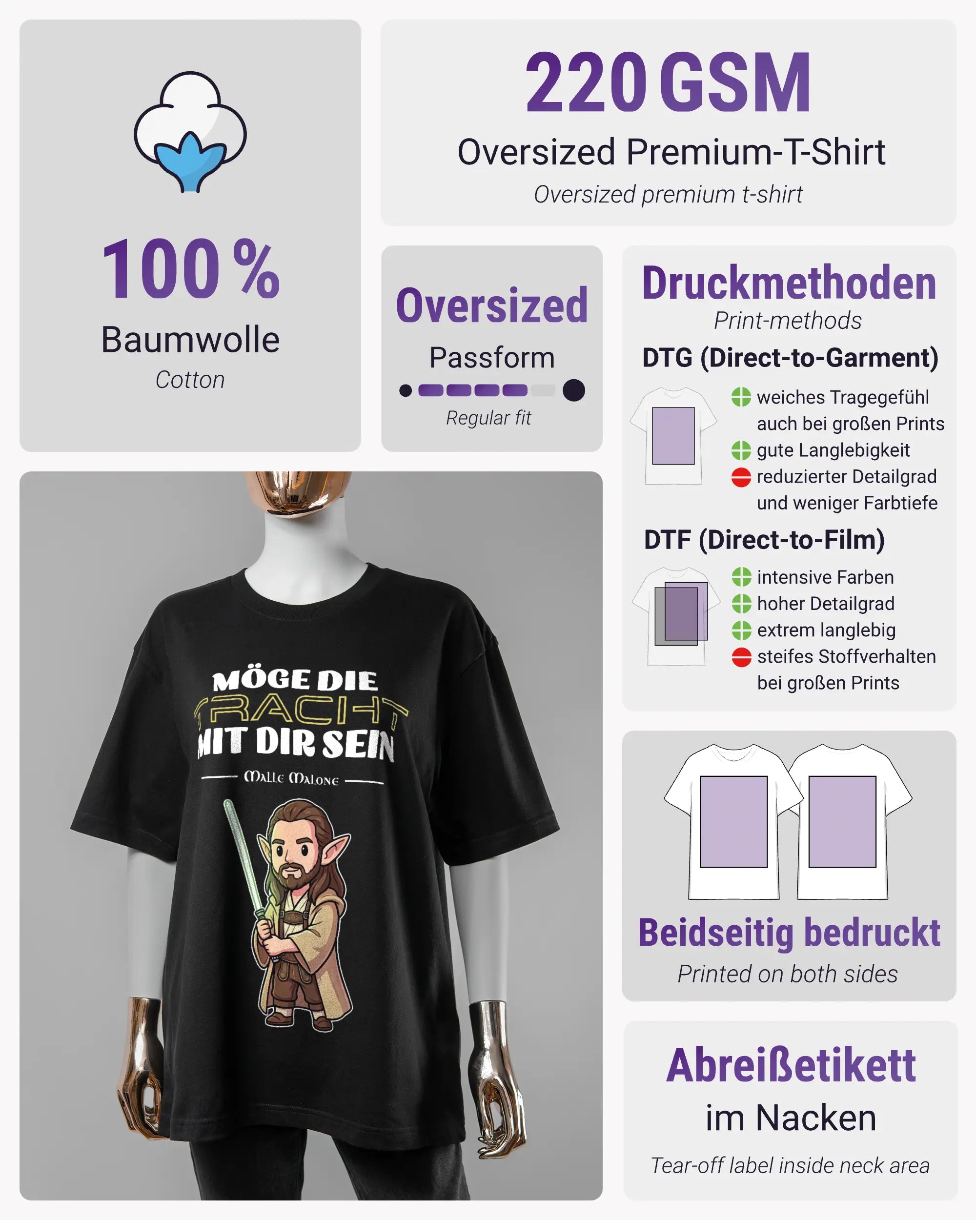 Produktinformationsblatt des Basic Unisex T-Shirt Oversized von Maondo mit dem Design Tracht mit dir vorne in der Farbe Black und in der Größe S