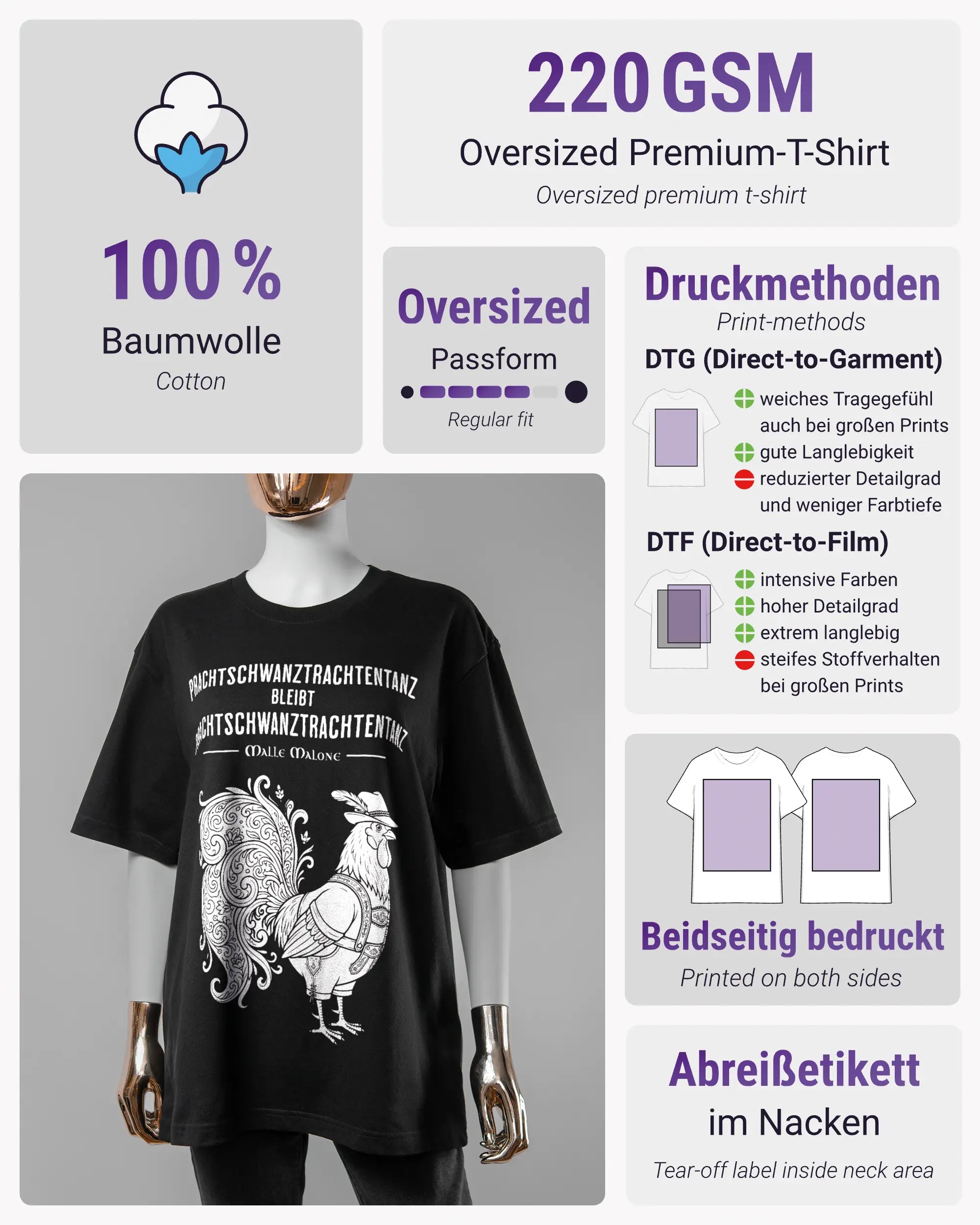 Produktinformationsblatt des Basic Unisex T-Shirt Oversized von Maondo mit dem Design Trachtentanz vorne in der Farbe Black und in der Größe S