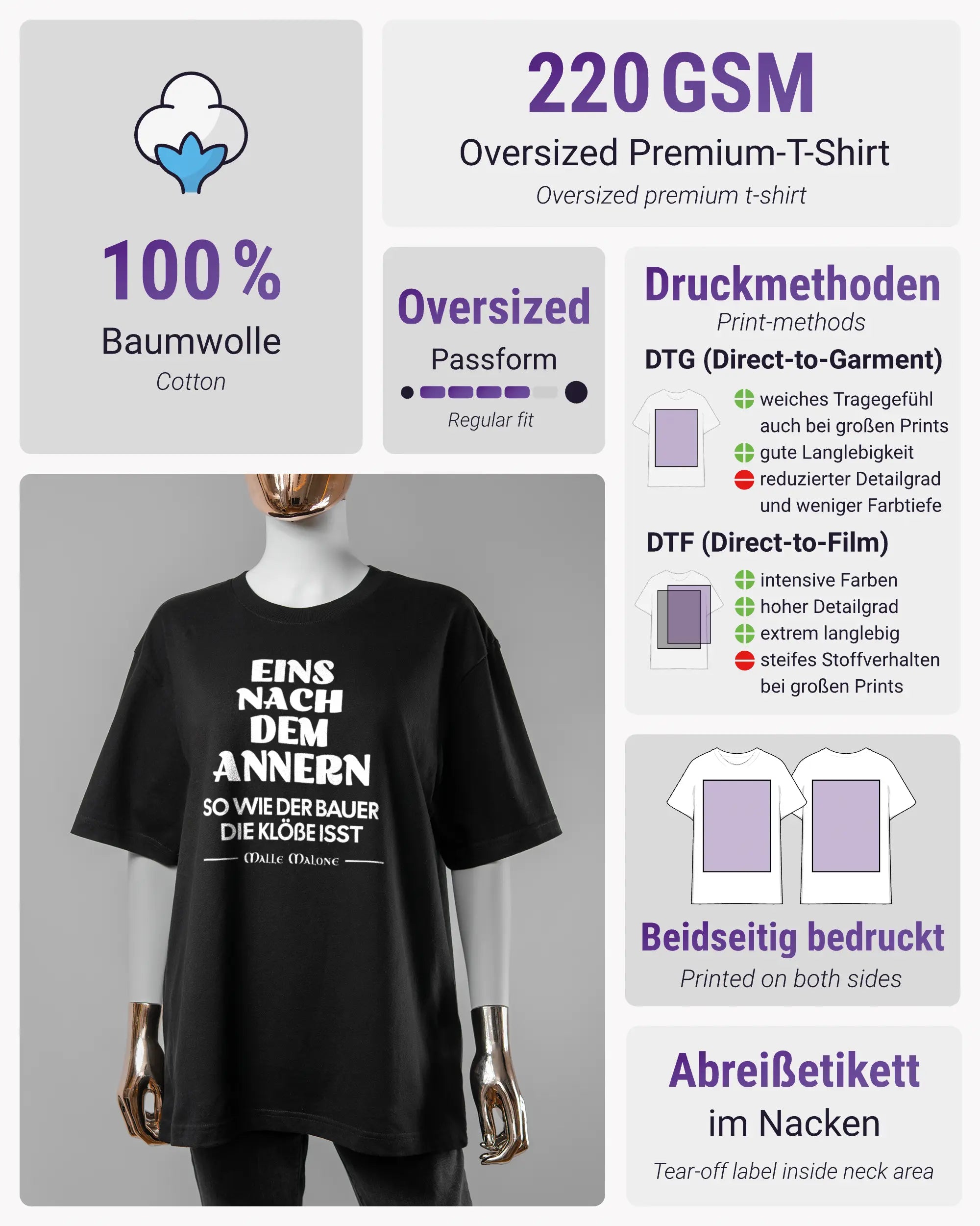 Produktinformationsblatt des Basic Unisex T-Shirt Oversized von Maondo mit dem Design Eins nach dem Annern vorne in der Farbe Black und in der Größe S