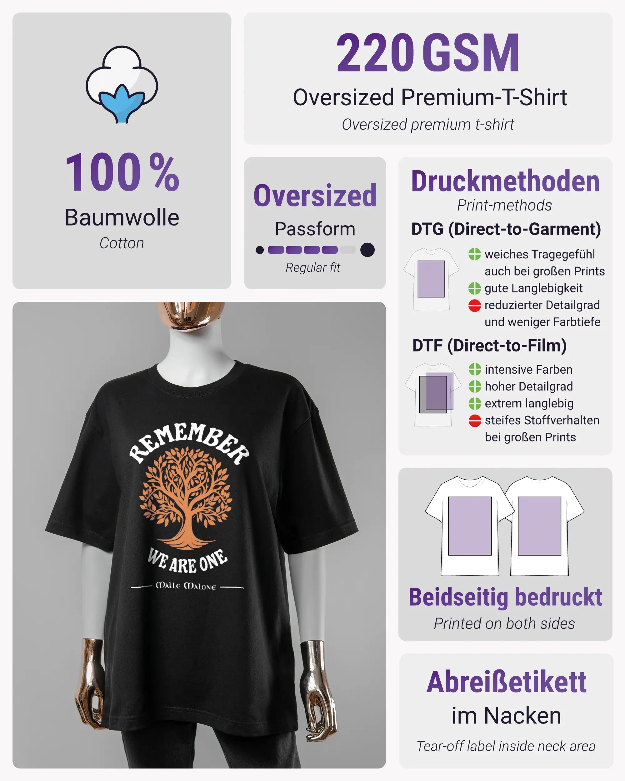 Produktinformationsblatt des Basic Unisex T-Shirt Oversized von Maondo mit dem Design We are one vorne in der Farbe Black und in der Größe S