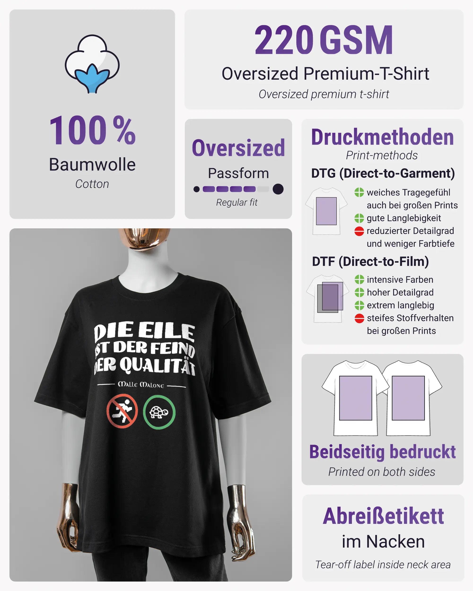 Produktinformationsblatt des Basic Unisex T-Shirt Oversized von Maondo mit dem Design Keine Eile vorne in der Farbe Black und in der Größe S