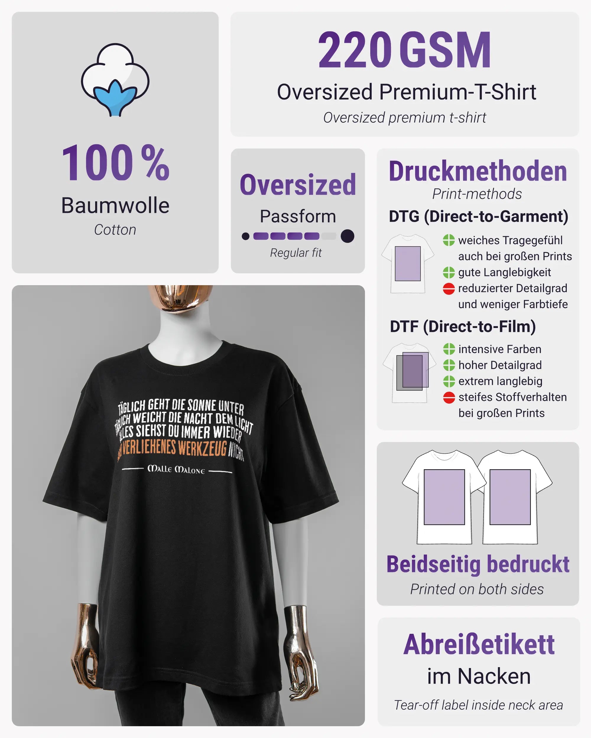 Produktinformationsblatt des Basic Unisex T-Shirt Oversized von Maondo mit dem Design Wegzeug vorne in der Farbe Black und in der Größe S