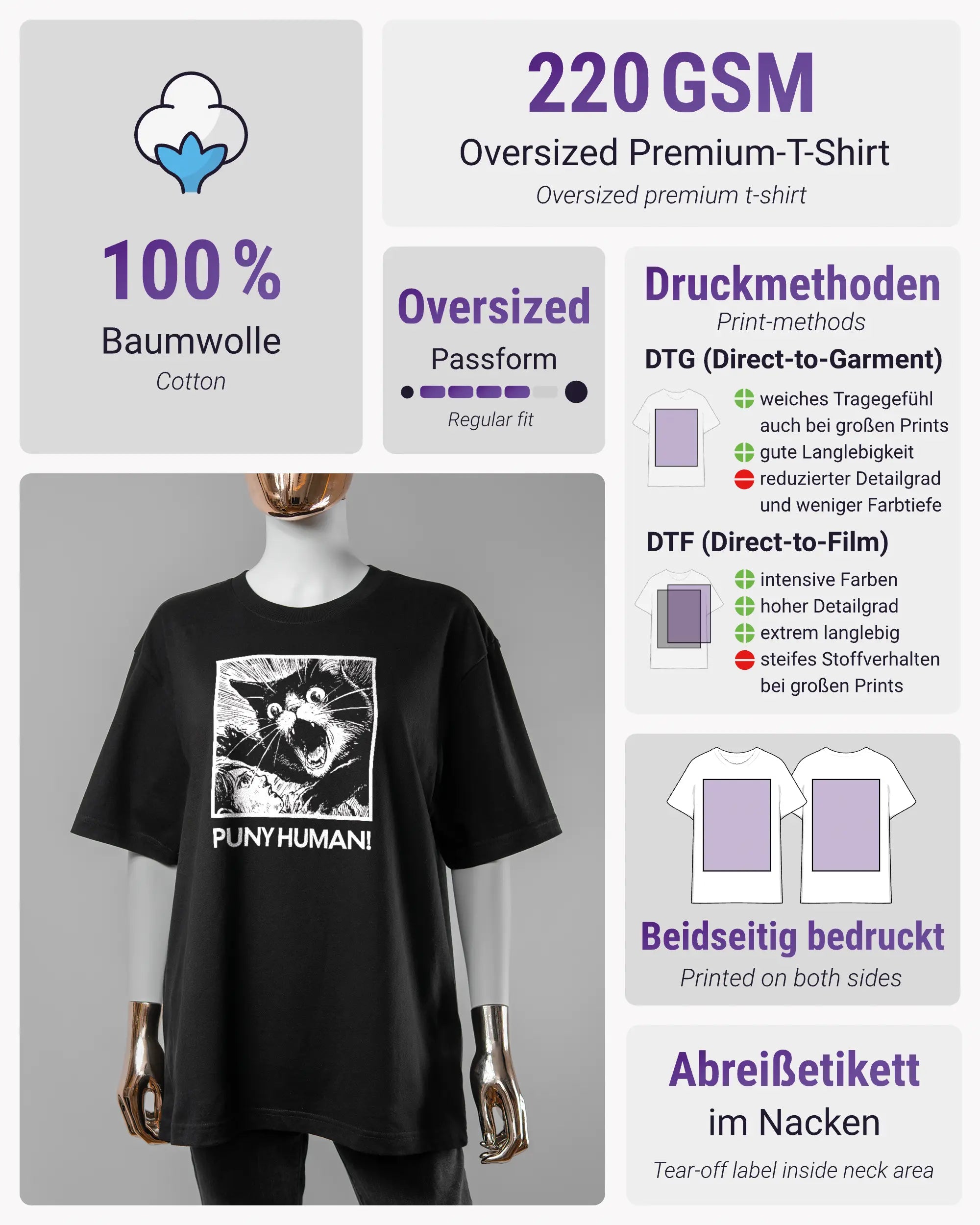 Produktinformationsblatt des Basic Unisex T-Shirt Oversized von Maondo mit dem Design Puny Human vorne in der Farbe Black und in der Größe S