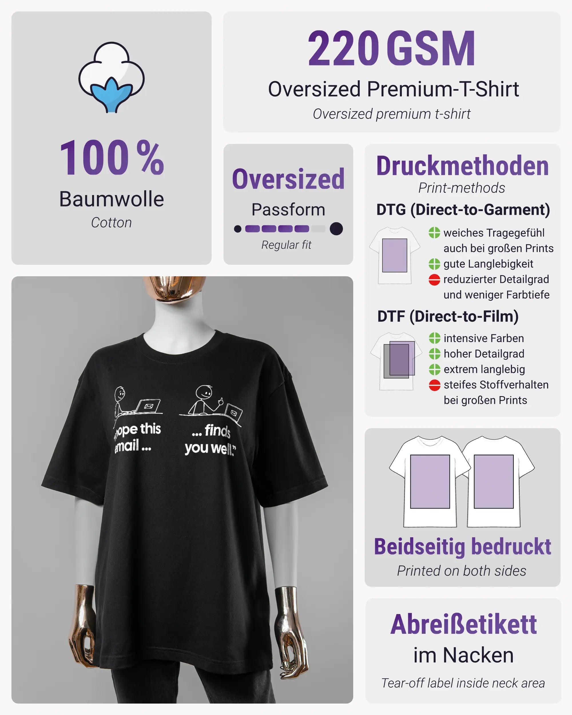 Produktinformationsblatt des Basic Unisex T-Shirt Oversized von Maondo mit dem Design Found me not well vorne in der Farbe Black und in der Größe S