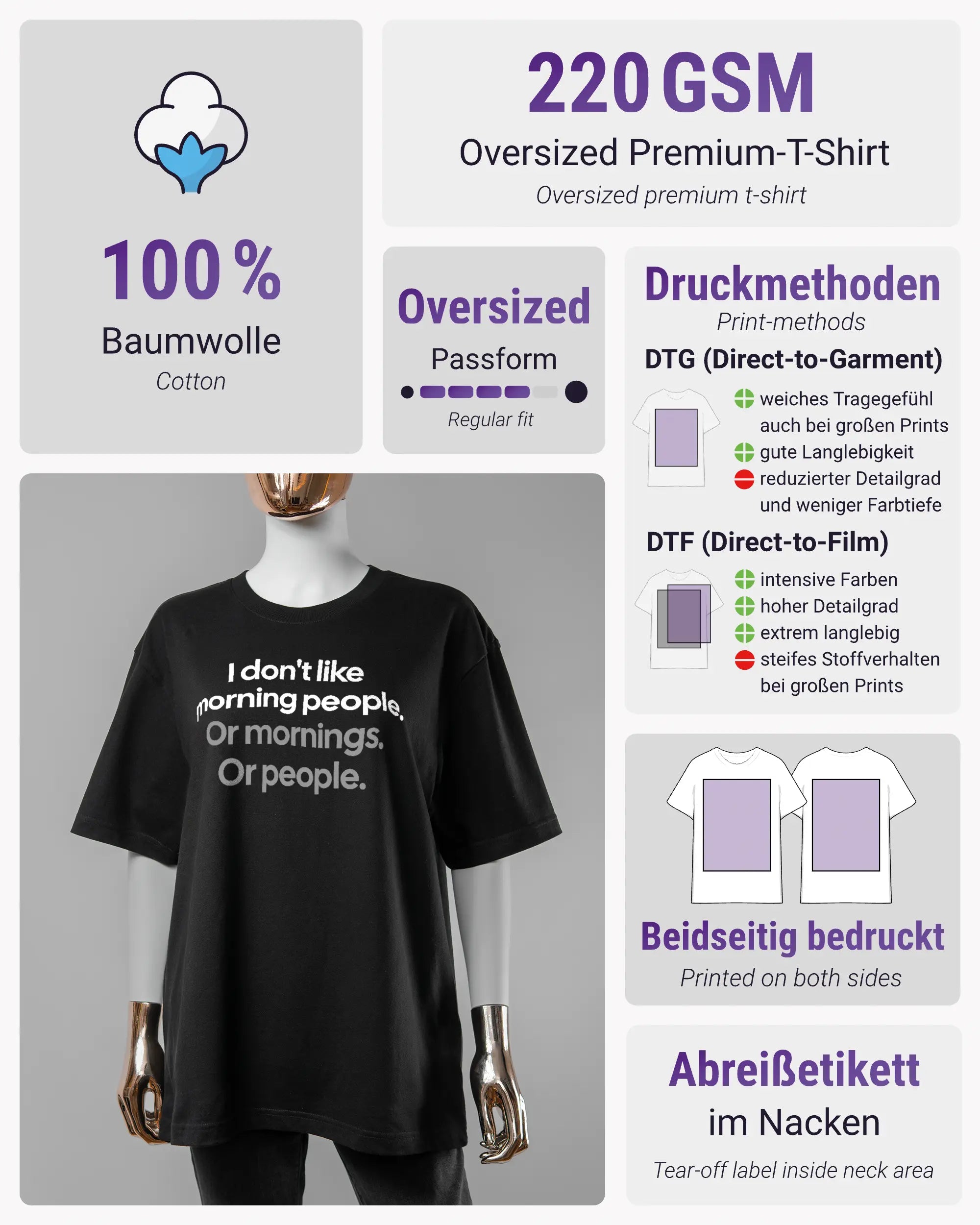Produktinformationsblatt des Basic Unisex T-Shirt Oversized von Maondo mit dem Design Morning Person vorne in der Farbe Black und in der Größe S