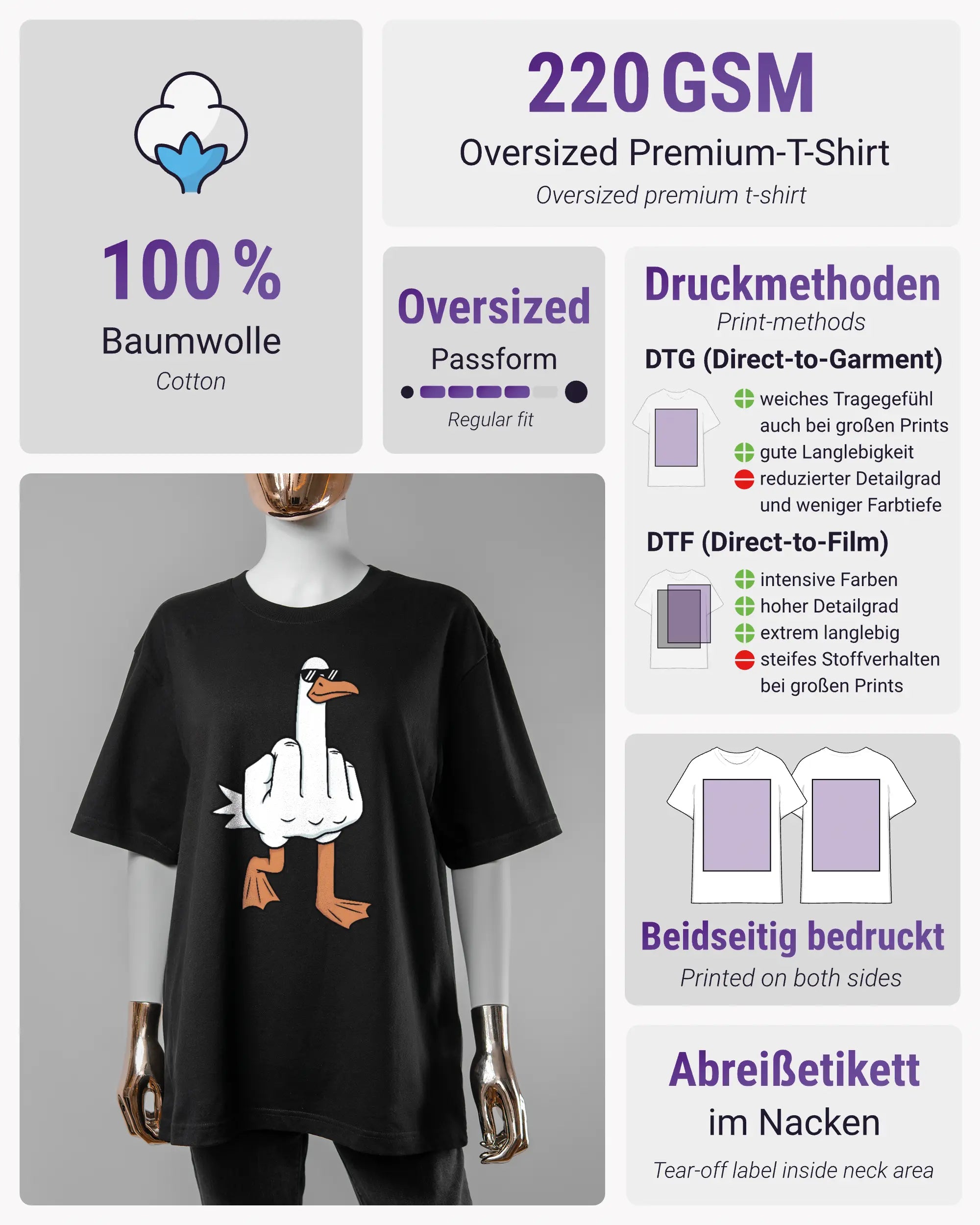 Produktinformationsblatt des Basic Unisex T-Shirt Oversized von Maondo mit dem Design I give a duck vorne in der Farbe Black und in der Größe S