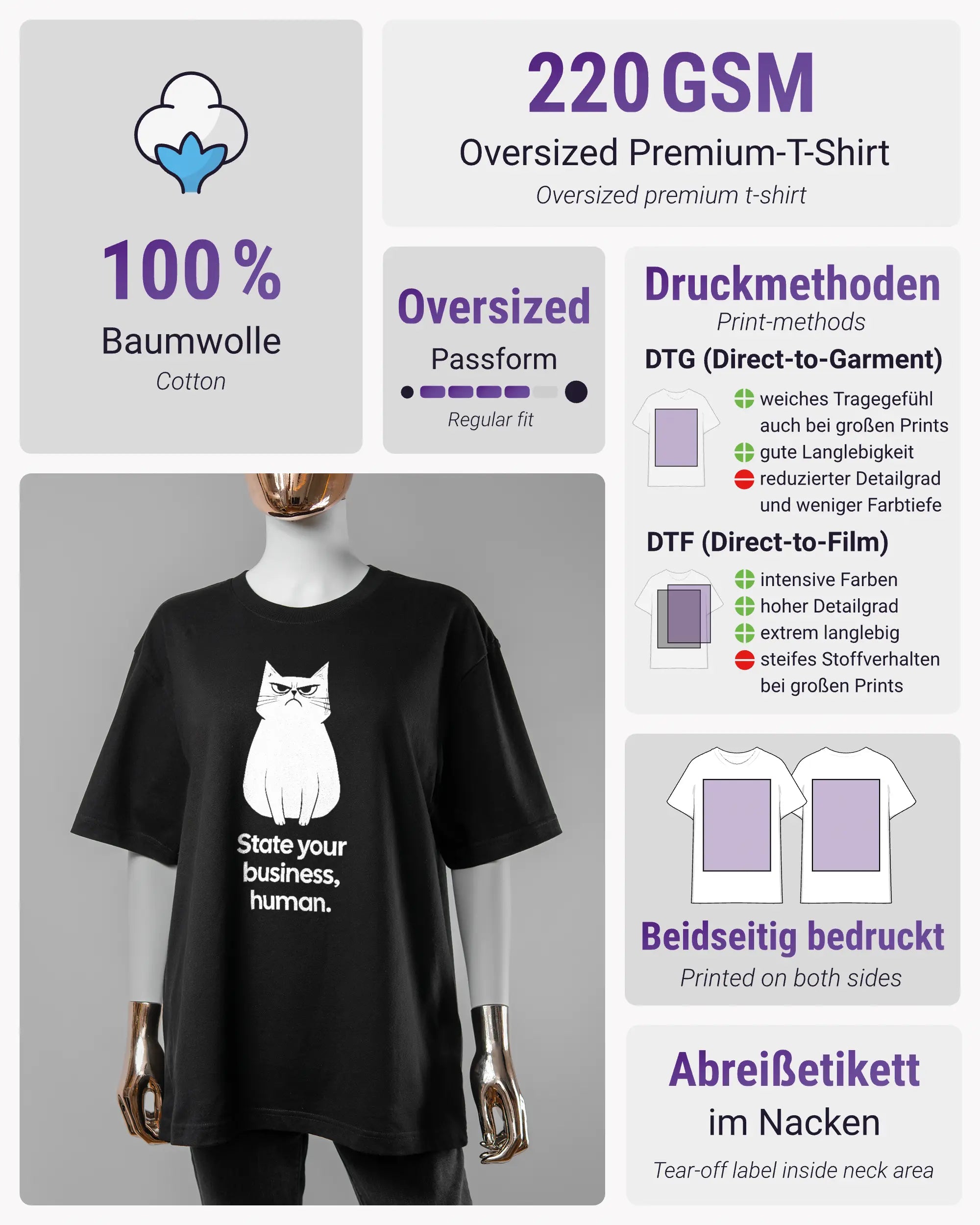 Produktinformationsblatt des Basic Unisex T-Shirt Oversized von Maondo mit dem Design Grumpy Purr vorne in der Farbe Black und in der Größe S