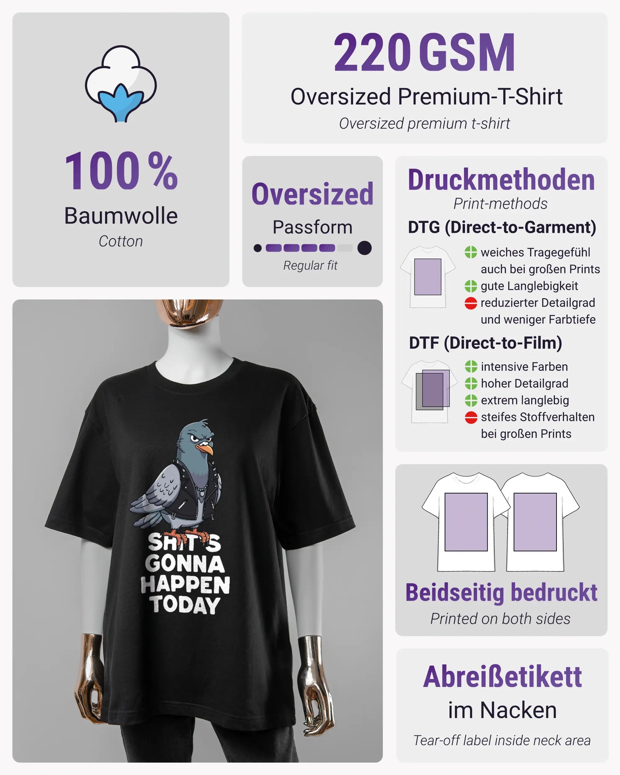 Produktinformationsblatt des Basic Unisex T-Shirt Oversized von Maondo mit dem Design Pigeon Pun vorne in der Farbe Black und in der Größe S