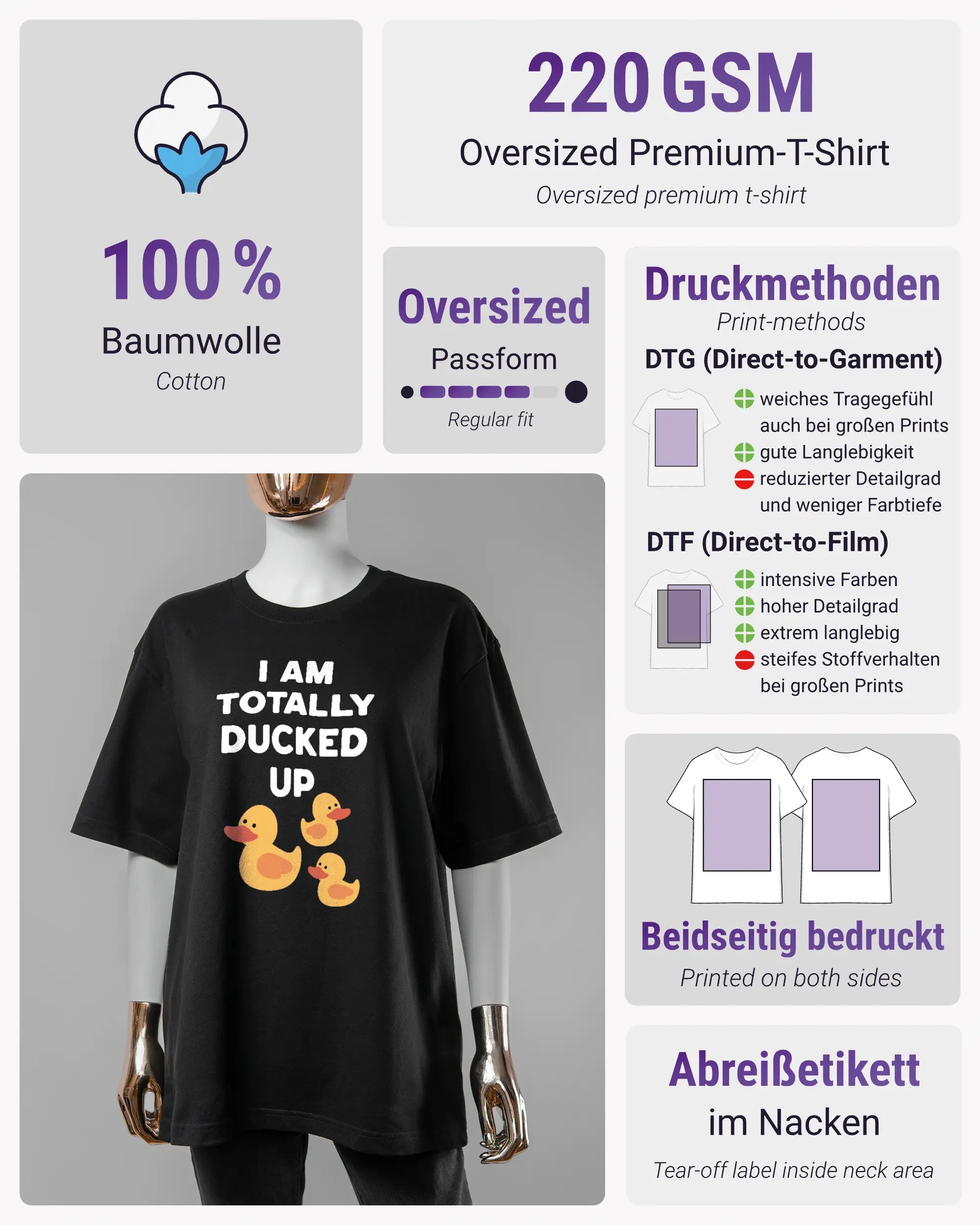 Produktinformationsblatt des Basic Unisex T-Shirt Oversized von Maondo mit dem Design Ducked Up vorne in der Farbe Black und in der Größe S