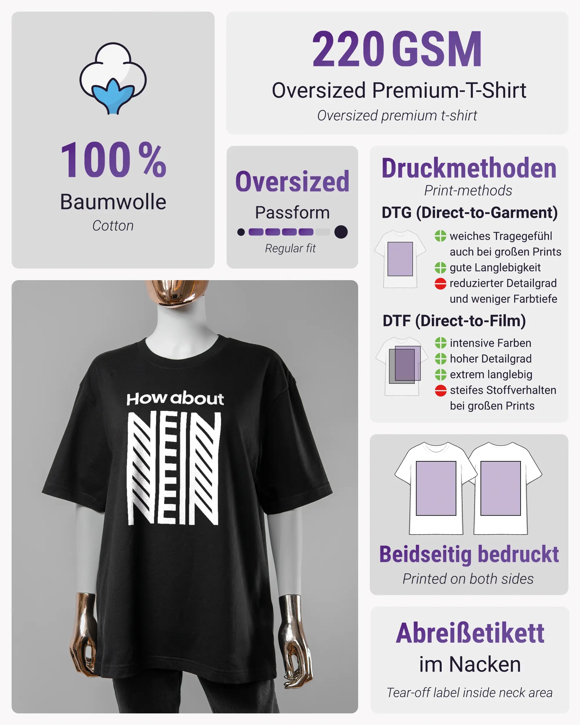 Produktinformationsblatt des Basic Unisex T-Shirt Oversized von Maondo mit dem Design How about nein vorne in der Farbe Black und in der Größe S