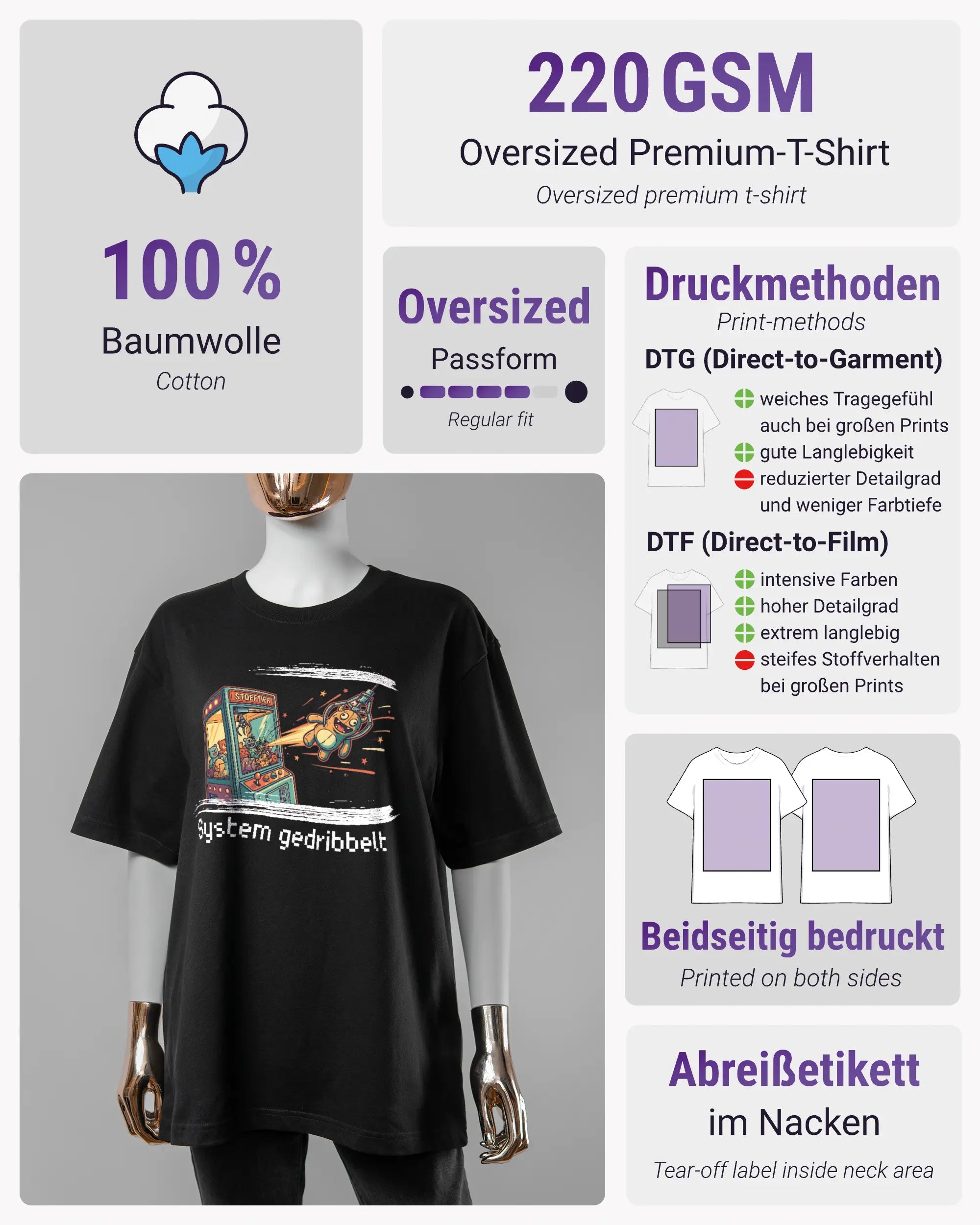 Produktinformationsblatt des Basic Unisex T-Shirt Oversized von Maondo mit dem Design System gedribbelt vorne in der Farbe Black und in der Größe S
