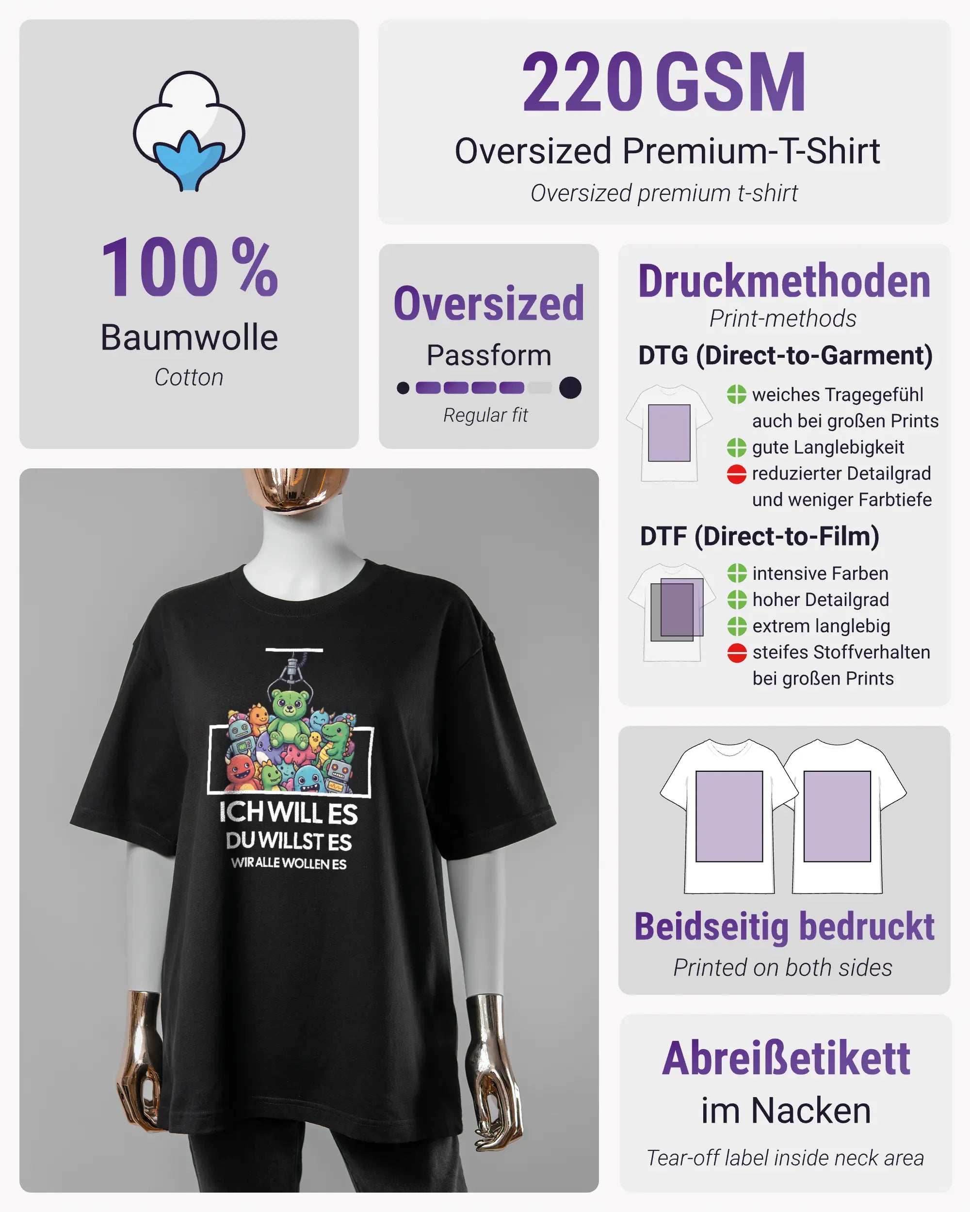 Produktinformationsblatt des Basic Unisex T-Shirt Oversized von Maondo mit dem Design Will Stofftier vorne in der Farbe Black und in der Größe S