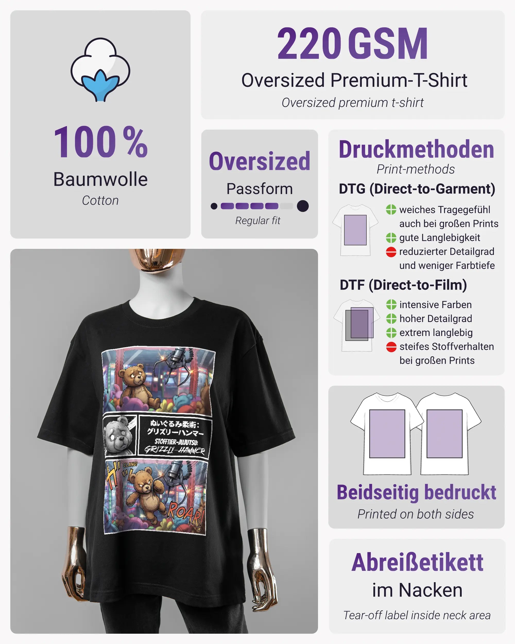Produktinformationsblatt des Basic Unisex T-Shirt Oversized von Maondo mit dem Design Manga Stoff vorne in der Farbe Black und in der Größe S