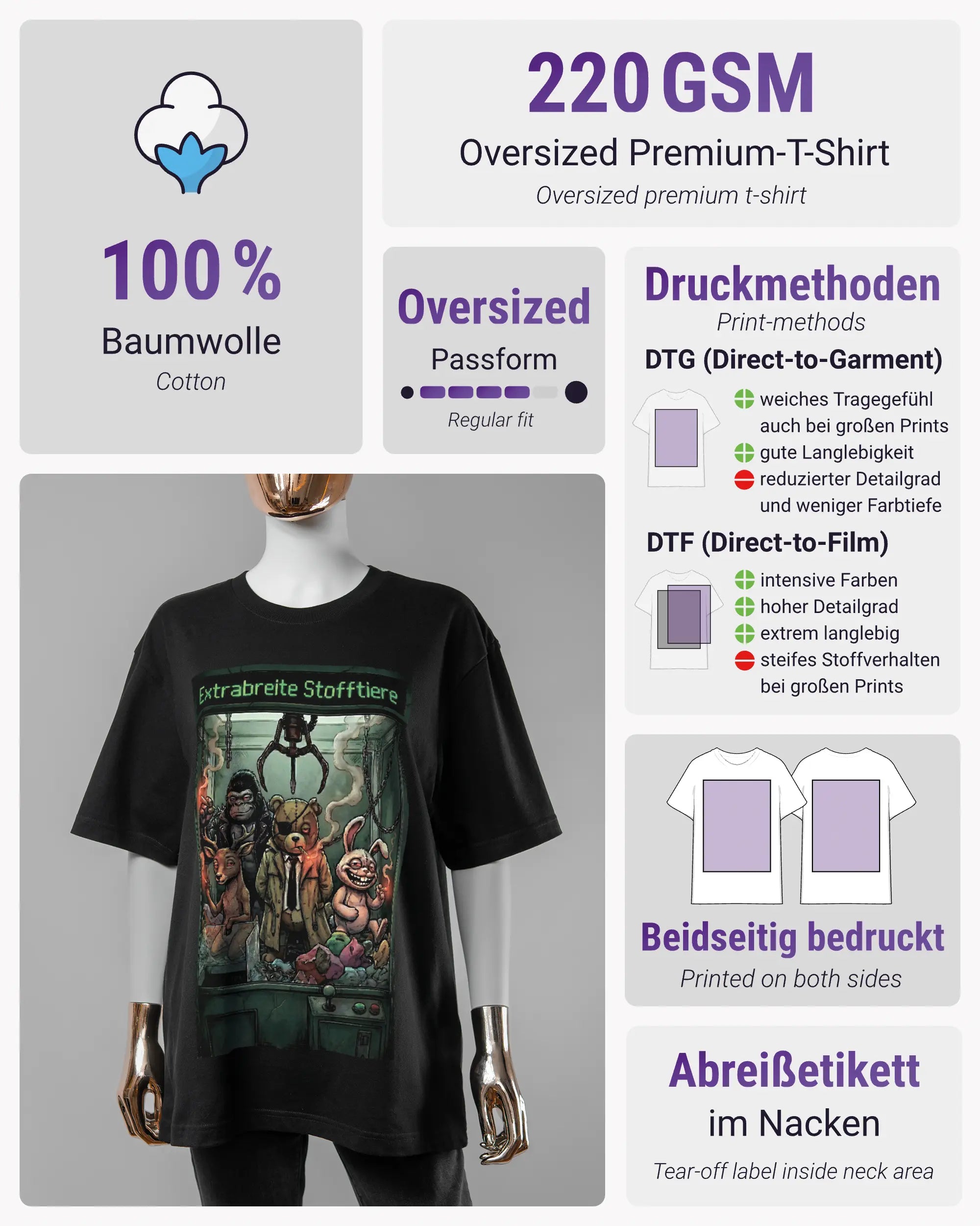 Produktinformationsblatt des Basic Unisex T-Shirt Oversized von Maondo mit dem Design Extrabreit vorne in der Farbe Black und in der Größe S