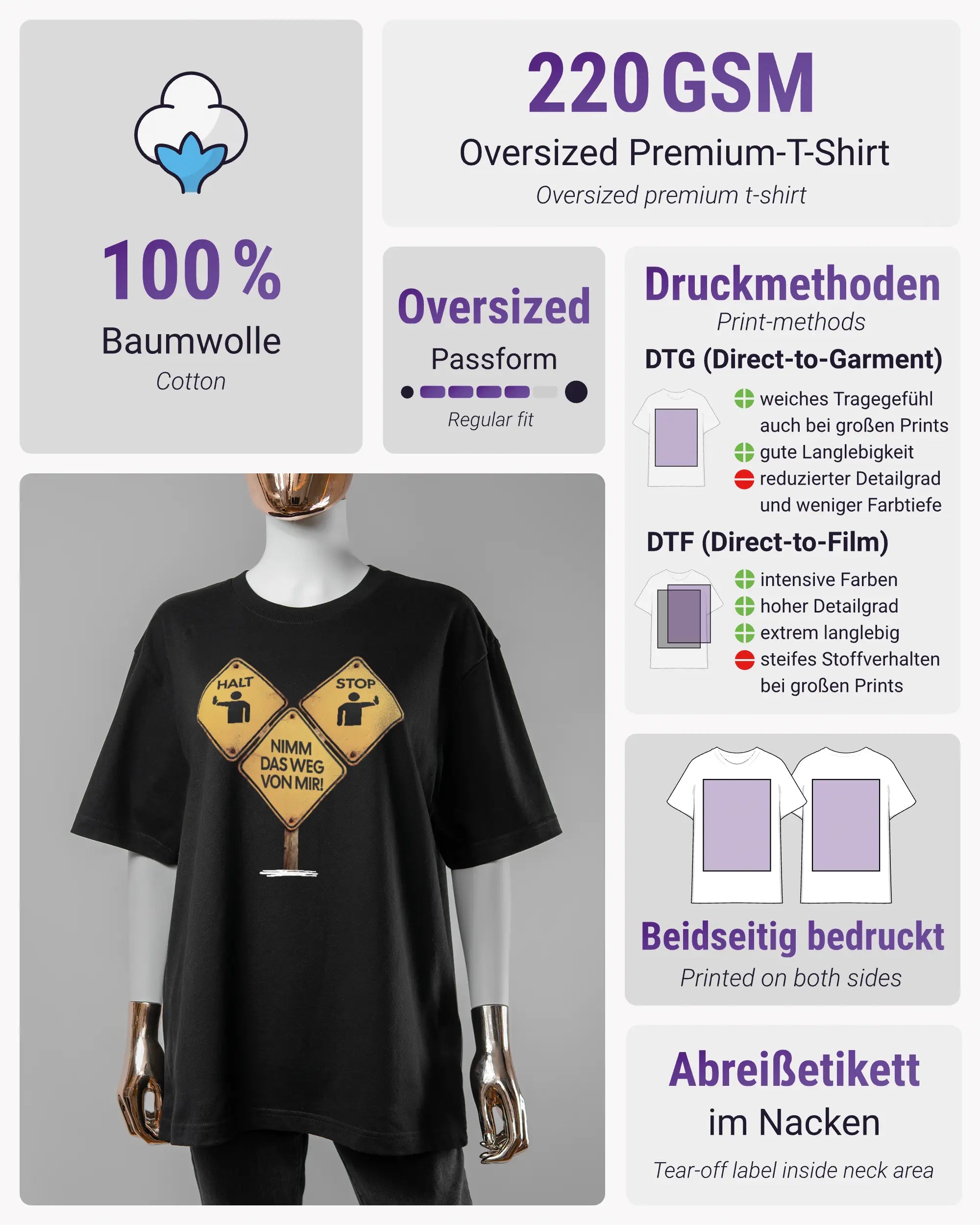 Produktinformationsblatt des Basic Unisex T-Shirt Oversized von Maondo mit dem Design Schutzschild vorne in der Farbe Black und in der Größe S