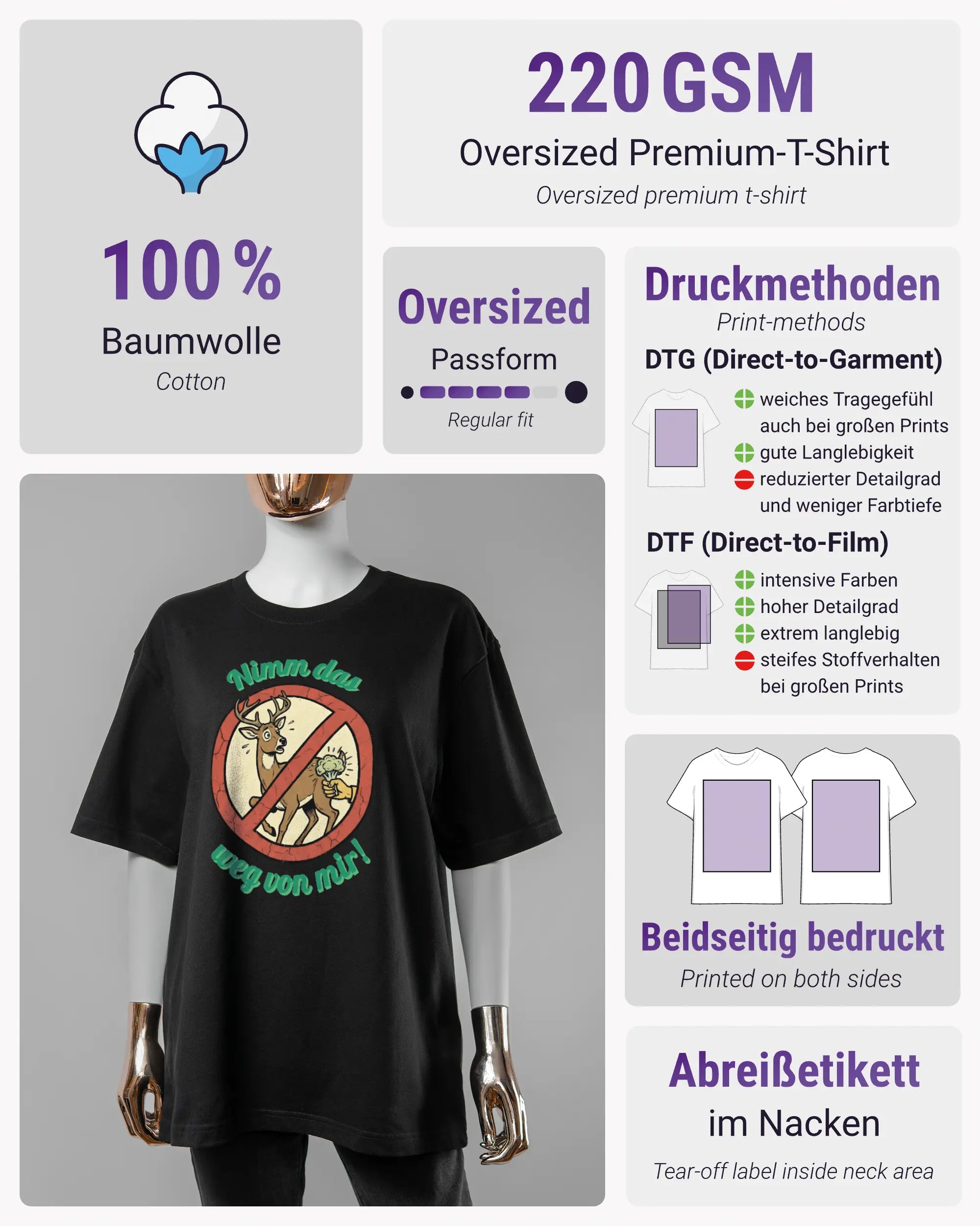 Produktinformationsblatt des Basic Unisex T-Shirt Oversized von Maondo mit dem Design Reh weg vorne in der Farbe Black und in der Größe S
