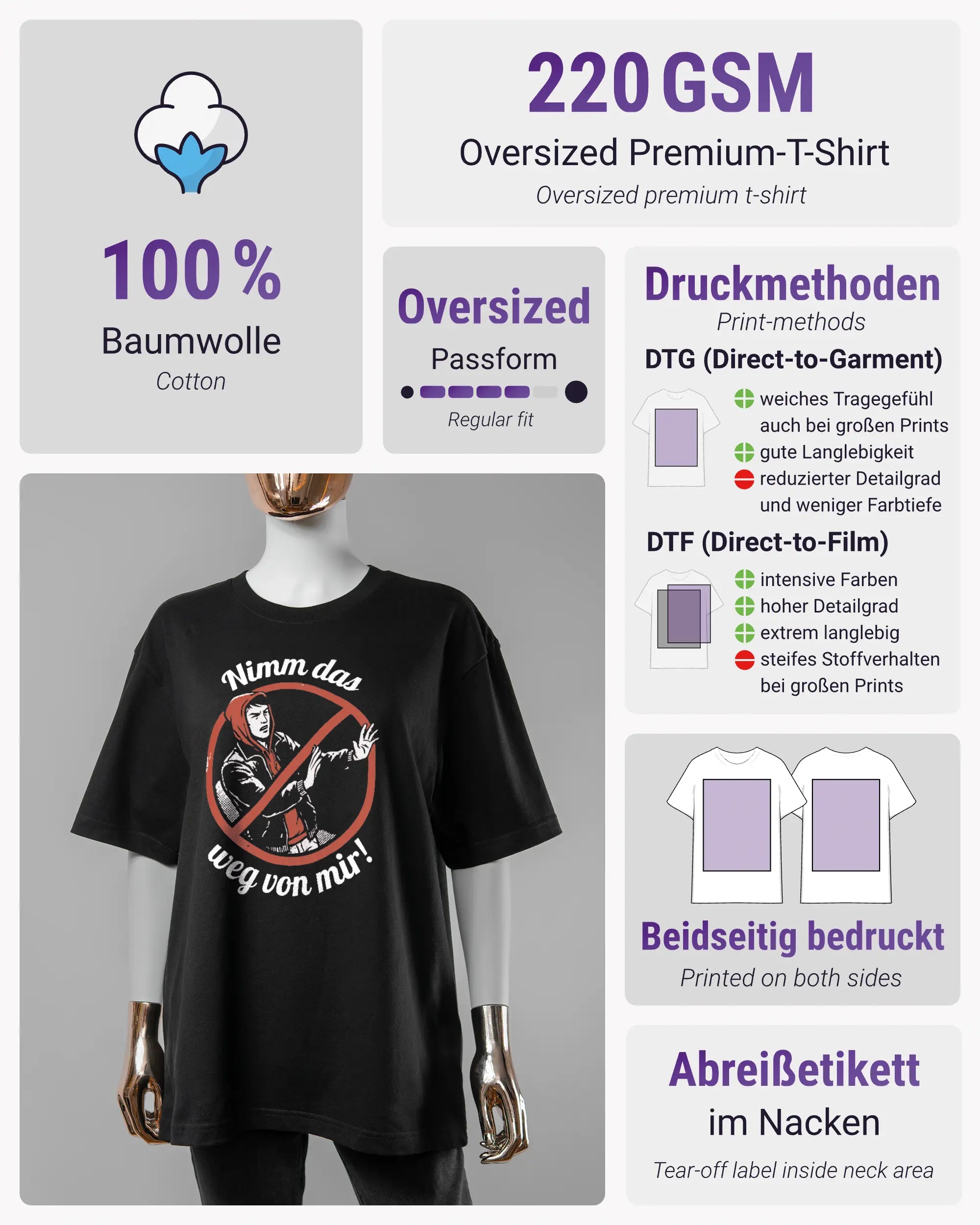 Produktinformationsblatt des Basic Unisex T-Shirt Oversized von Maondo mit dem Design Nimm das weg vorne in der Farbe Black und in der Größe S