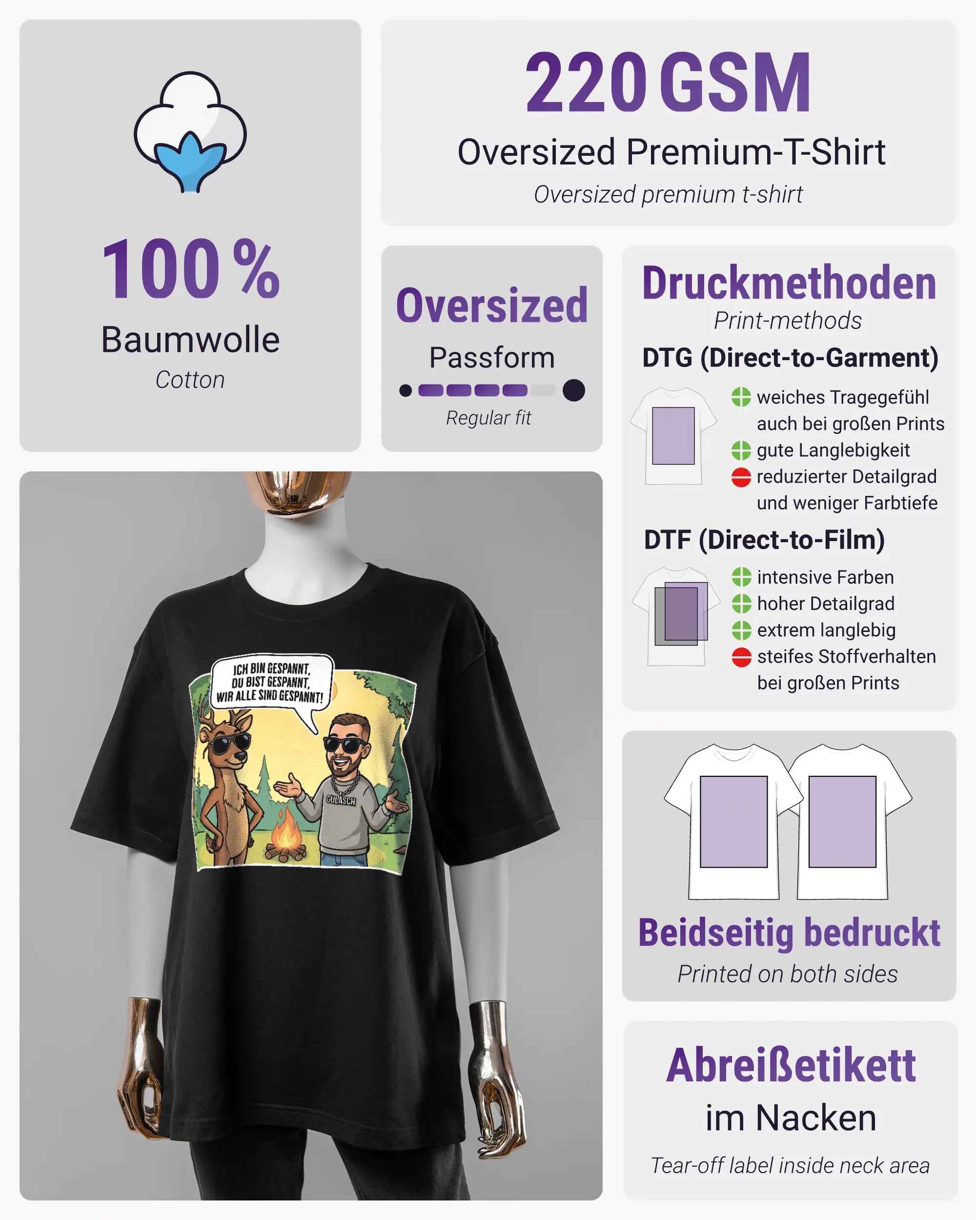Produktinformationsblatt des Basic Unisex T-Shirt Oversized von Maondo mit dem Design Vollspannung vorne in der Farbe Black und in der Größe S
