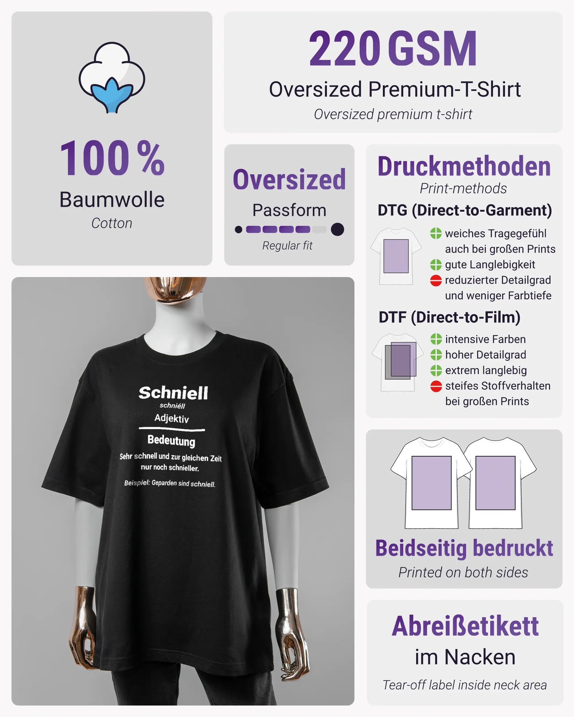 Produktinformationsblatt des Basic Unisex T-Shirt Oversized von Maondo mit dem Design Schniell vorne in der Farbe Black und in der Größe S