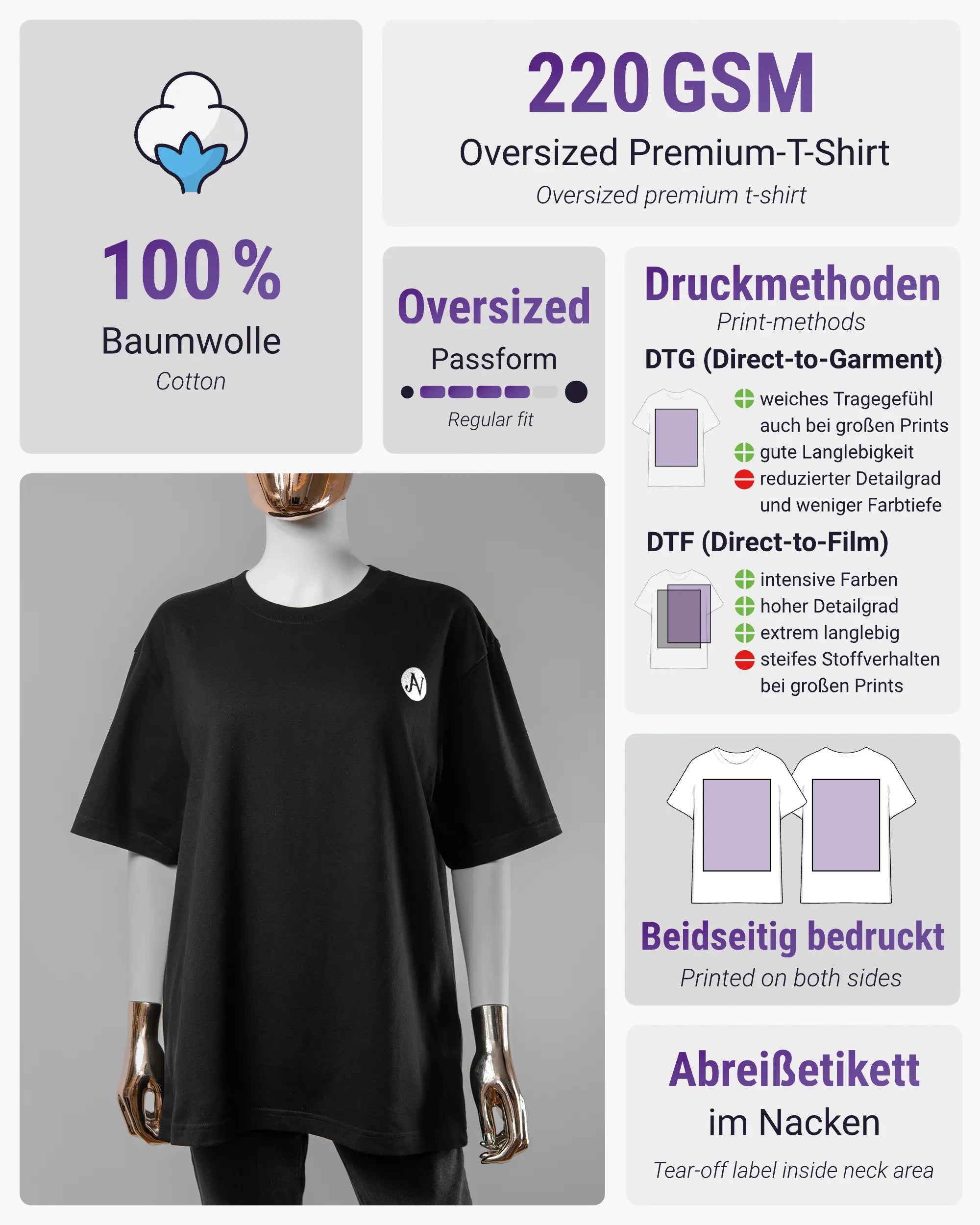 Produktinformationsblatt des Basic Unisex T-Shirt Oversized von Maondo mit dem Design JB1 vorne in der Farbe Black und in der Größe S