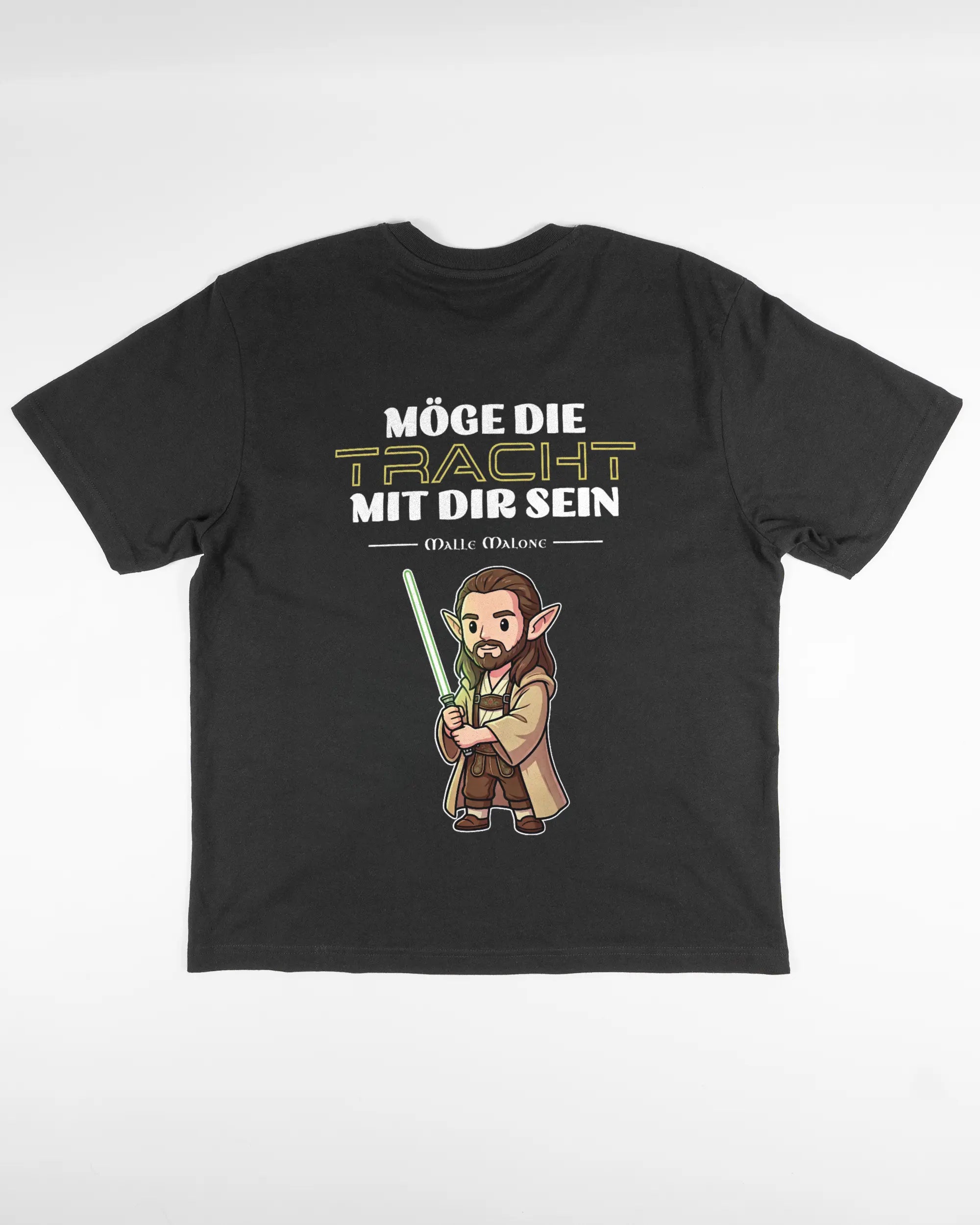 Rückseite des Basic Unisex T-Shirt Oversized von Maondo mit dem Design Tracht mit dir in der Farbe Black und in der Größe S flach auf den Boden gelegt