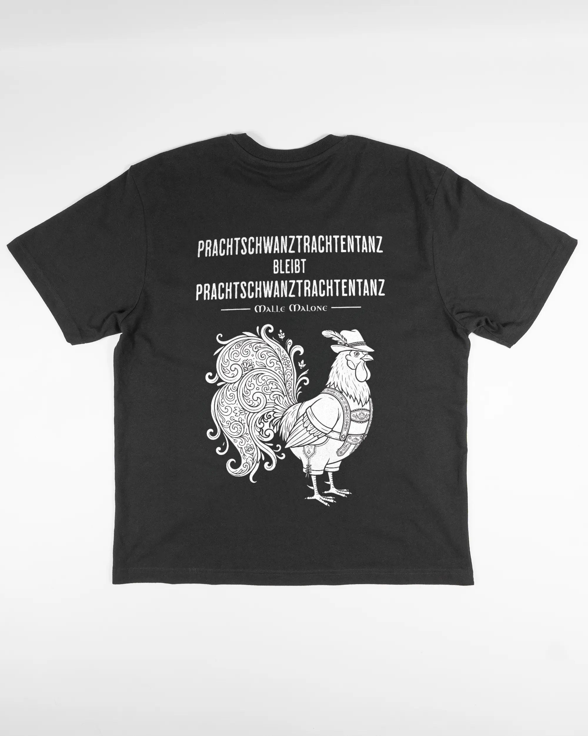 Rückseite des Basic Unisex T-Shirt Oversized von Maondo mit dem Design Trachtentanz in der Farbe Black und in der Größe S flach auf den Boden gelegt