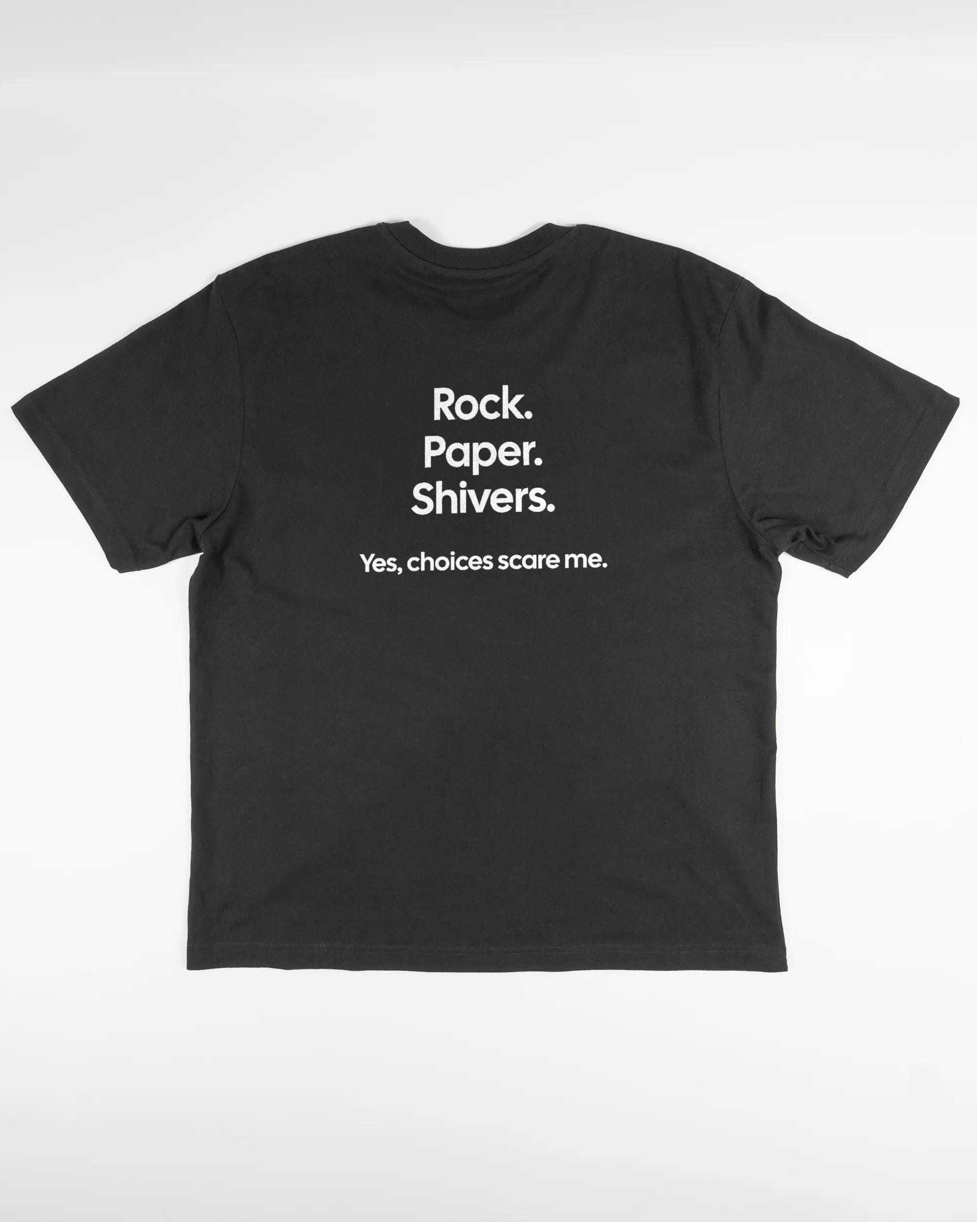 Rückseite des Basic Unisex T-Shirt Oversized von Maondo mit dem Design Rock Paper Shivers in der Farbe Black und in der Größe S flach auf den Boden gelegt