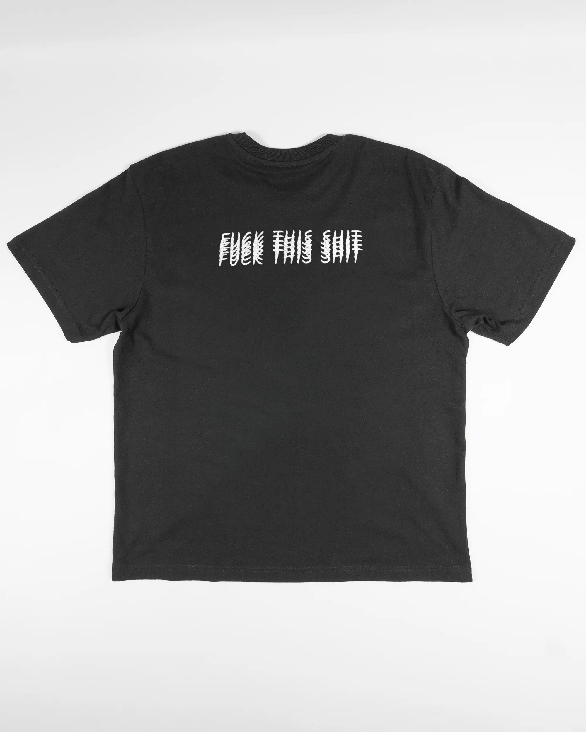 Rückseite des Basic Unisex T-Shirt Oversized von Maondo mit dem Design Hidden Message in der Farbe Black und in der Größe S flach auf den Boden gelegt