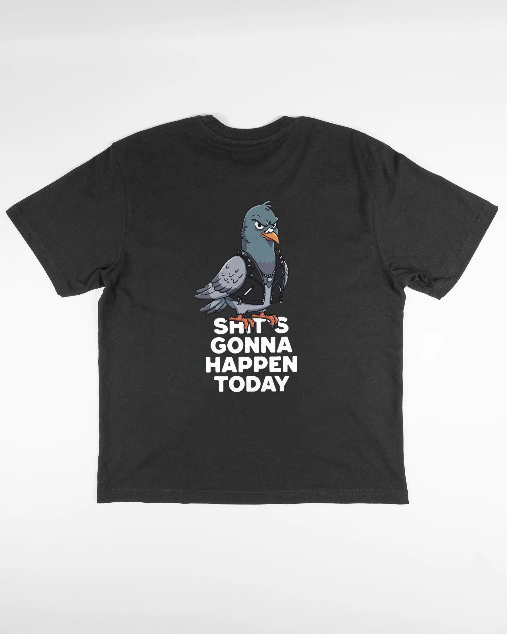 Rückseite des Basic Unisex T-Shirt Oversized von Maondo mit dem Design Pigeon Pun in der Farbe Black und in der Größe S flach auf den Boden gelegt