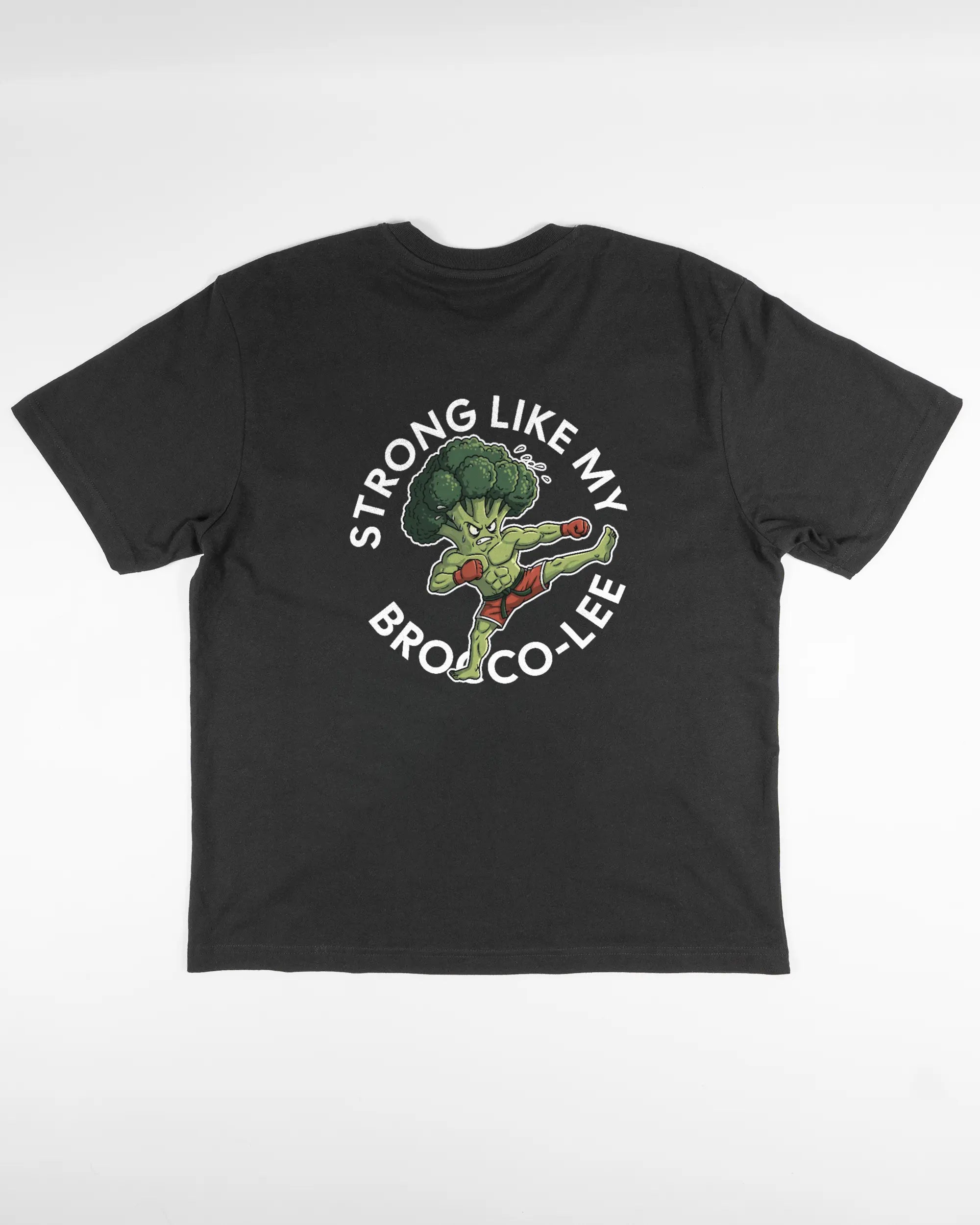 Rückseite des Basic Unisex T-Shirt Oversized von Maondo mit dem Design Brocco-Lee in der Farbe Black und in der Größe S flach auf den Boden gelegt