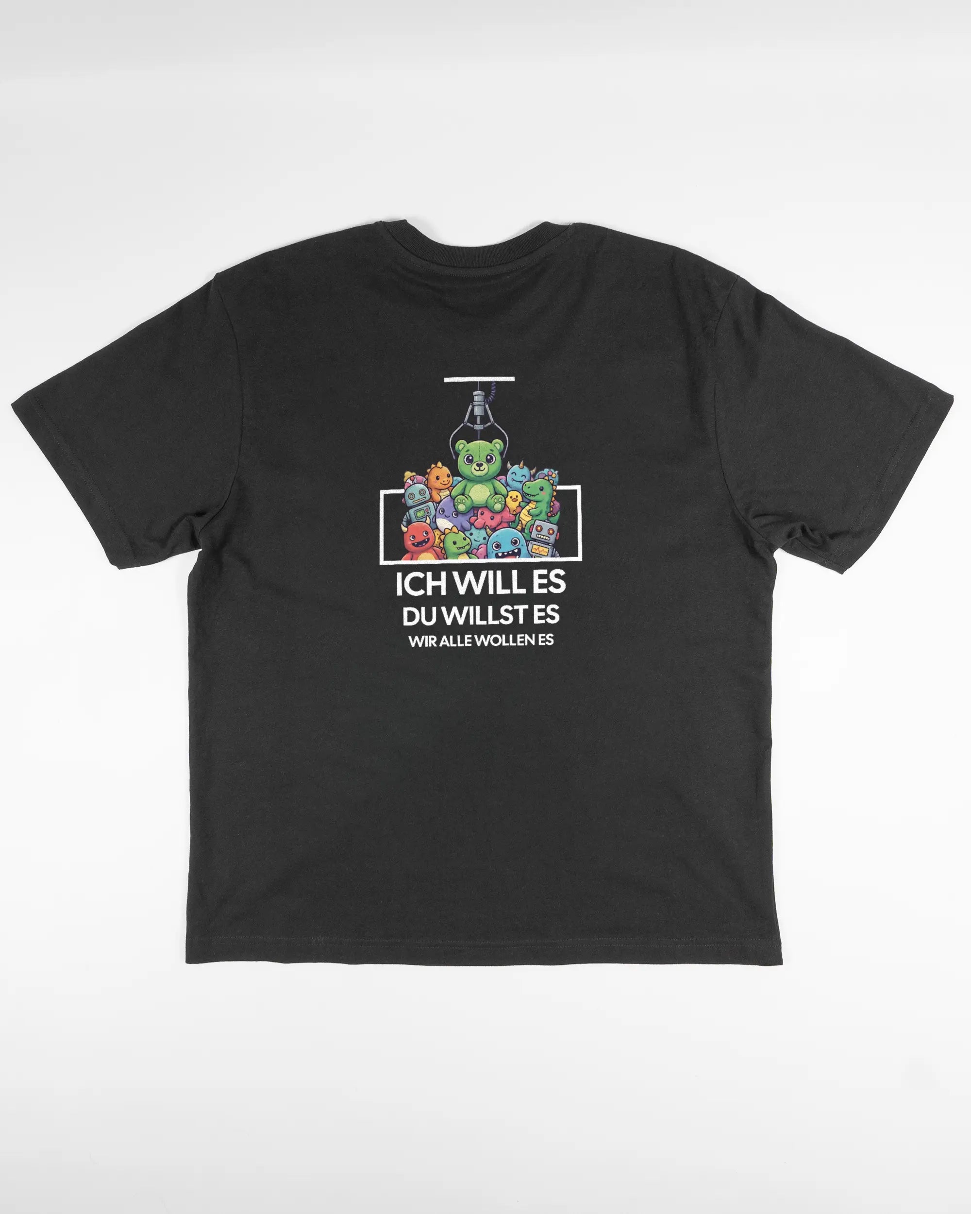 Rückseite des Basic Unisex T-Shirt Oversized von Maondo mit dem Design Will Stofftier in der Farbe Black und in der Größe S flach auf den Boden gelegt