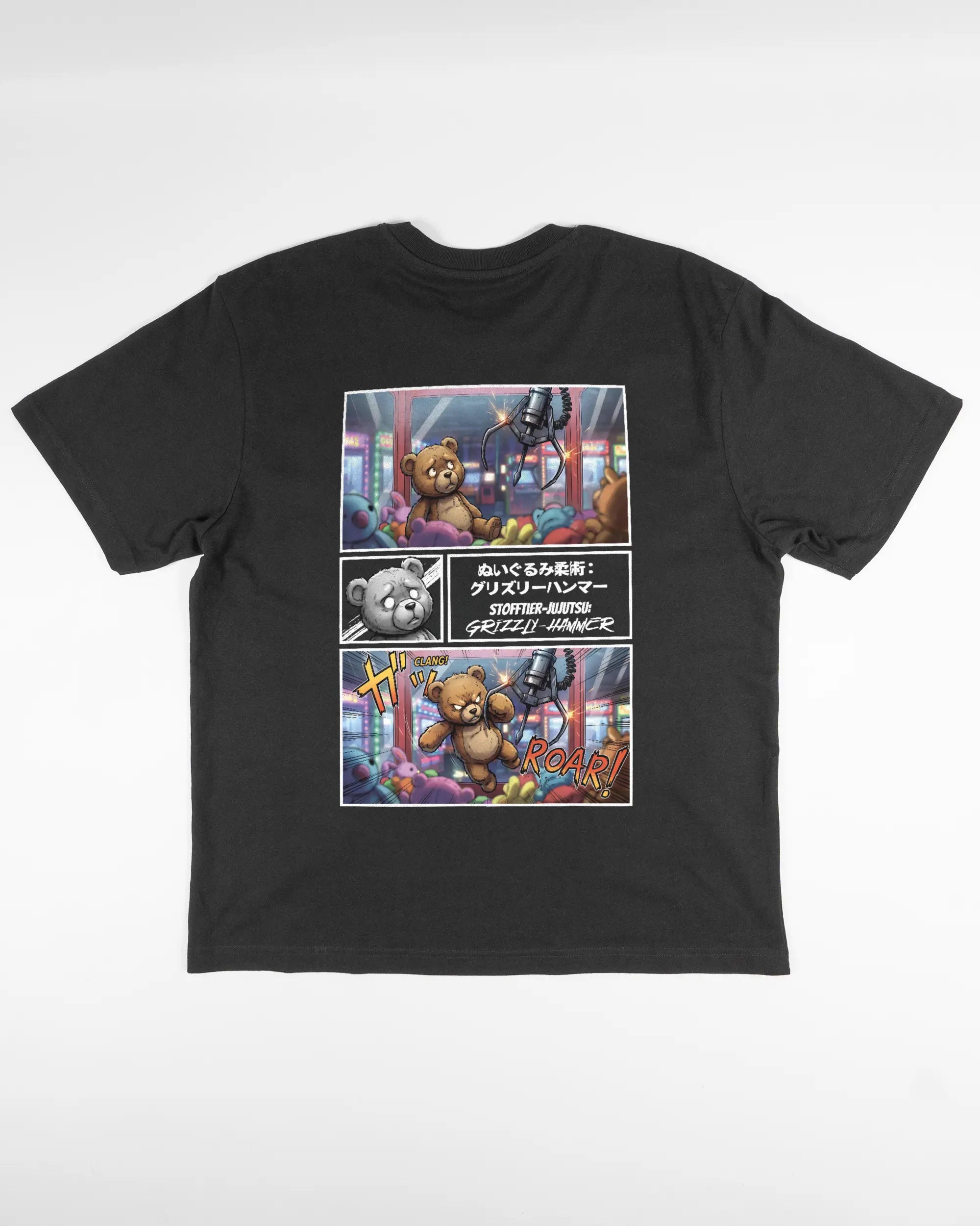 Rückseite des Basic Unisex T-Shirt Oversized von Maondo mit dem Design Manga Stoff in der Farbe Black und in der Größe S flach auf den Boden gelegt