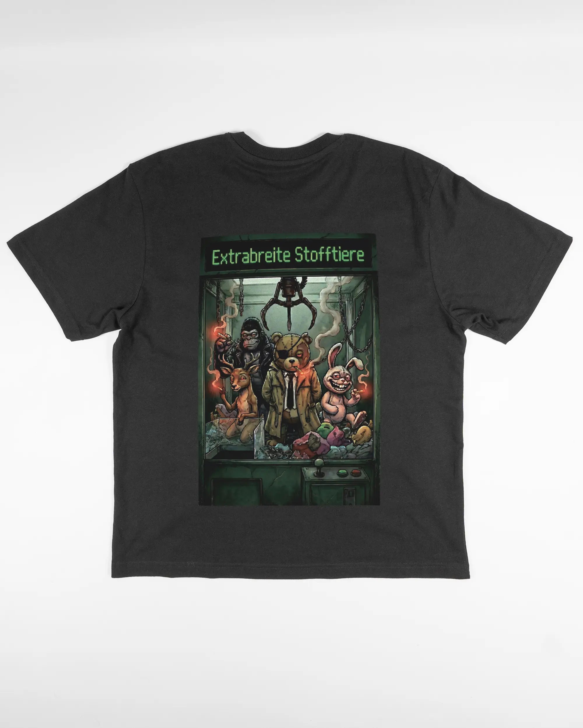 Rückseite des Basic Unisex T-Shirt Oversized von Maondo mit dem Design Extrabreit in der Farbe Black und in der Größe S flach auf den Boden gelegt