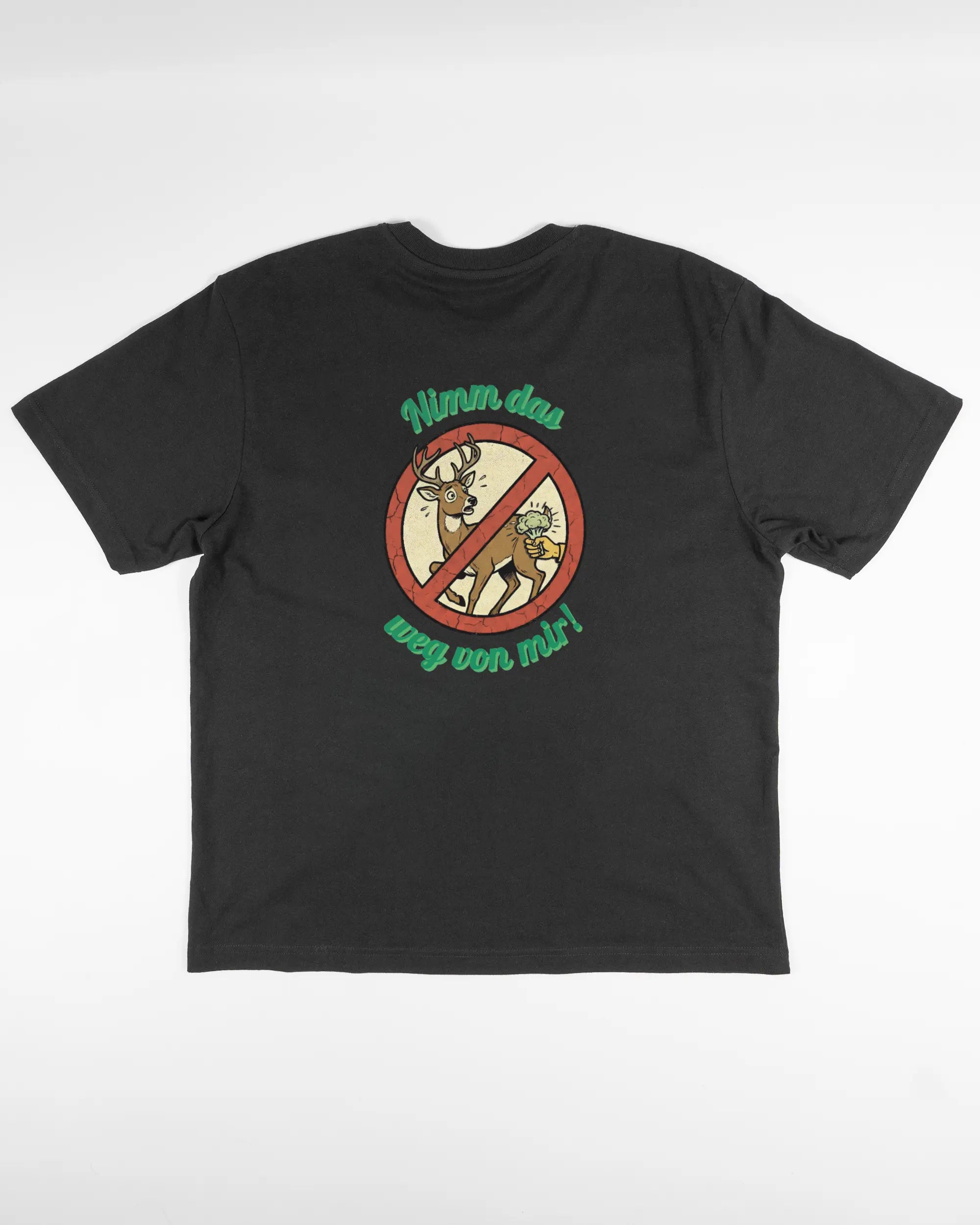 Rückseite des Basic Unisex T-Shirt Oversized von Maondo mit dem Design Reh weg in der Farbe Black und in der Größe S flach auf den Boden gelegt