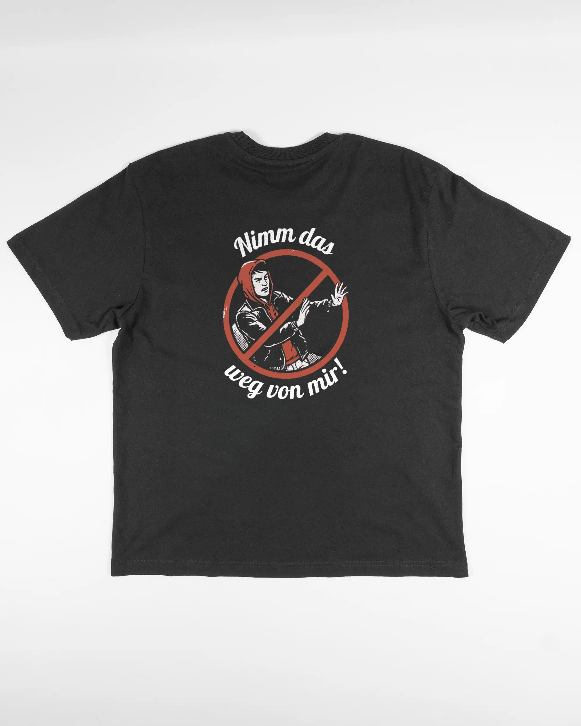 Rückseite des Basic Unisex T-Shirt Oversized von Maondo mit dem Design Nimm das weg in der Farbe Black und in der Größe S flach auf den Boden gelegt