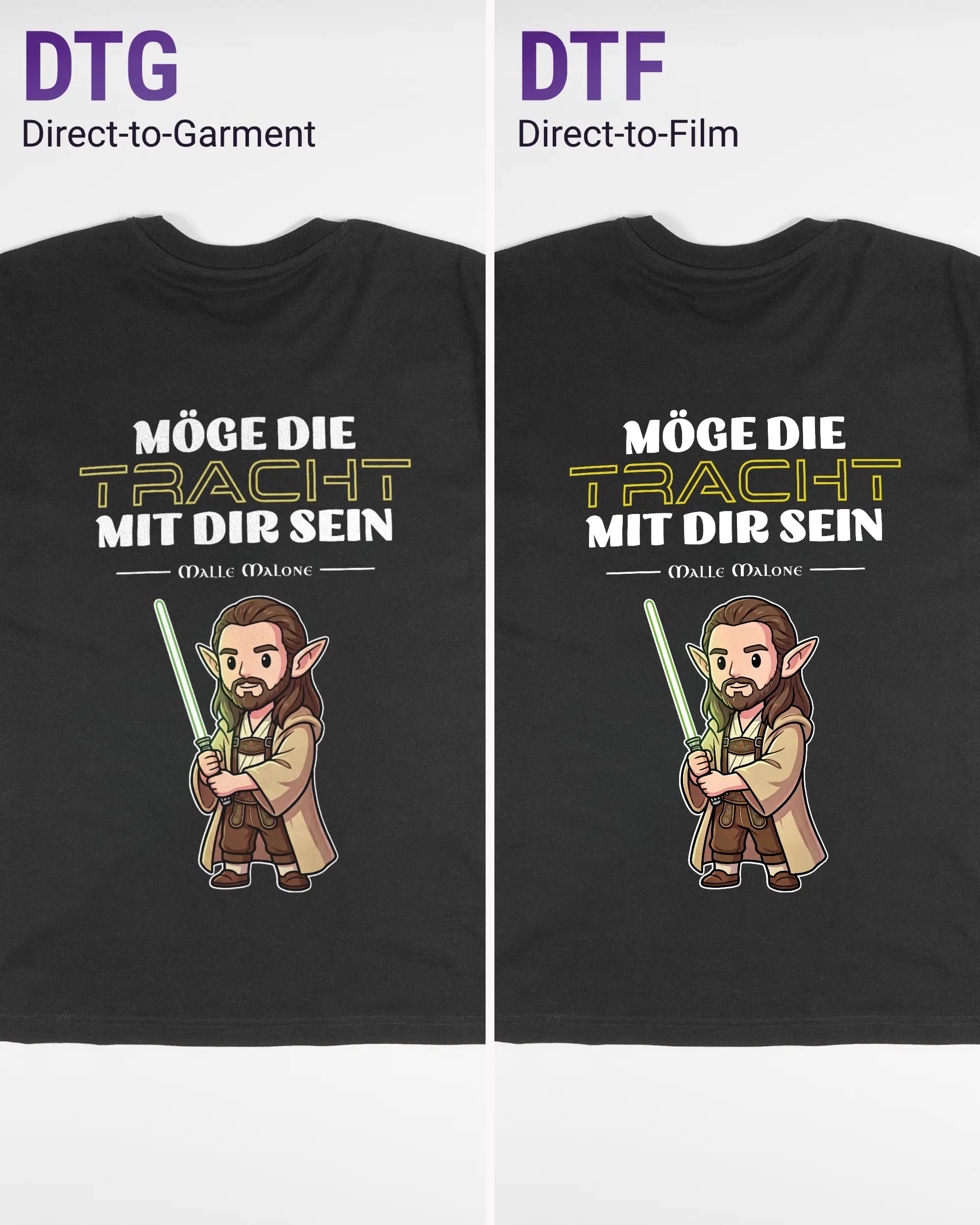 Vergleich der Rückseiten des Basic Unisex T-Shirt Oversized von Maondo mit dem Design Tracht mit dir in der Farbe Black und in der Größe S links mit dem Direct-to-Garment und rechts mit dem Direct-to-Film Verfahren