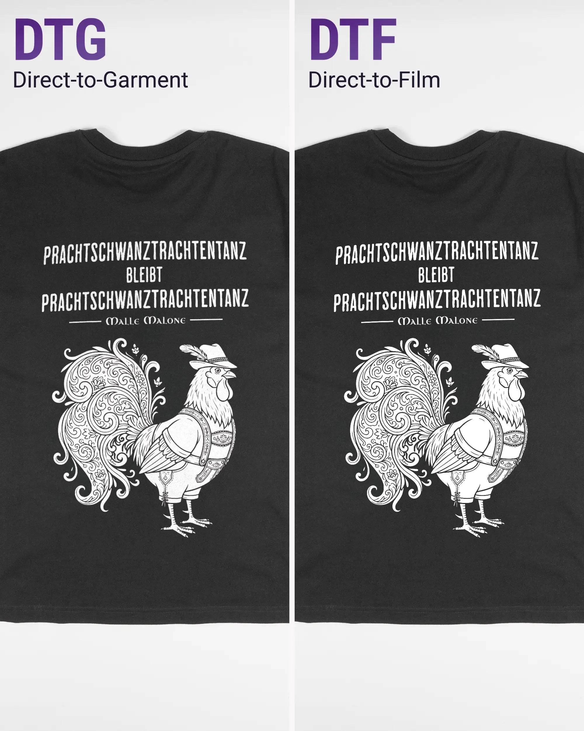 Vergleich der Rückseiten des Basic Unisex T-Shirt Oversized von Maondo mit dem Design Trachtentanz in der Farbe Black und in der Größe S links mit dem Direct-to-Garment und rechts mit dem Direct-to-Film Verfahren