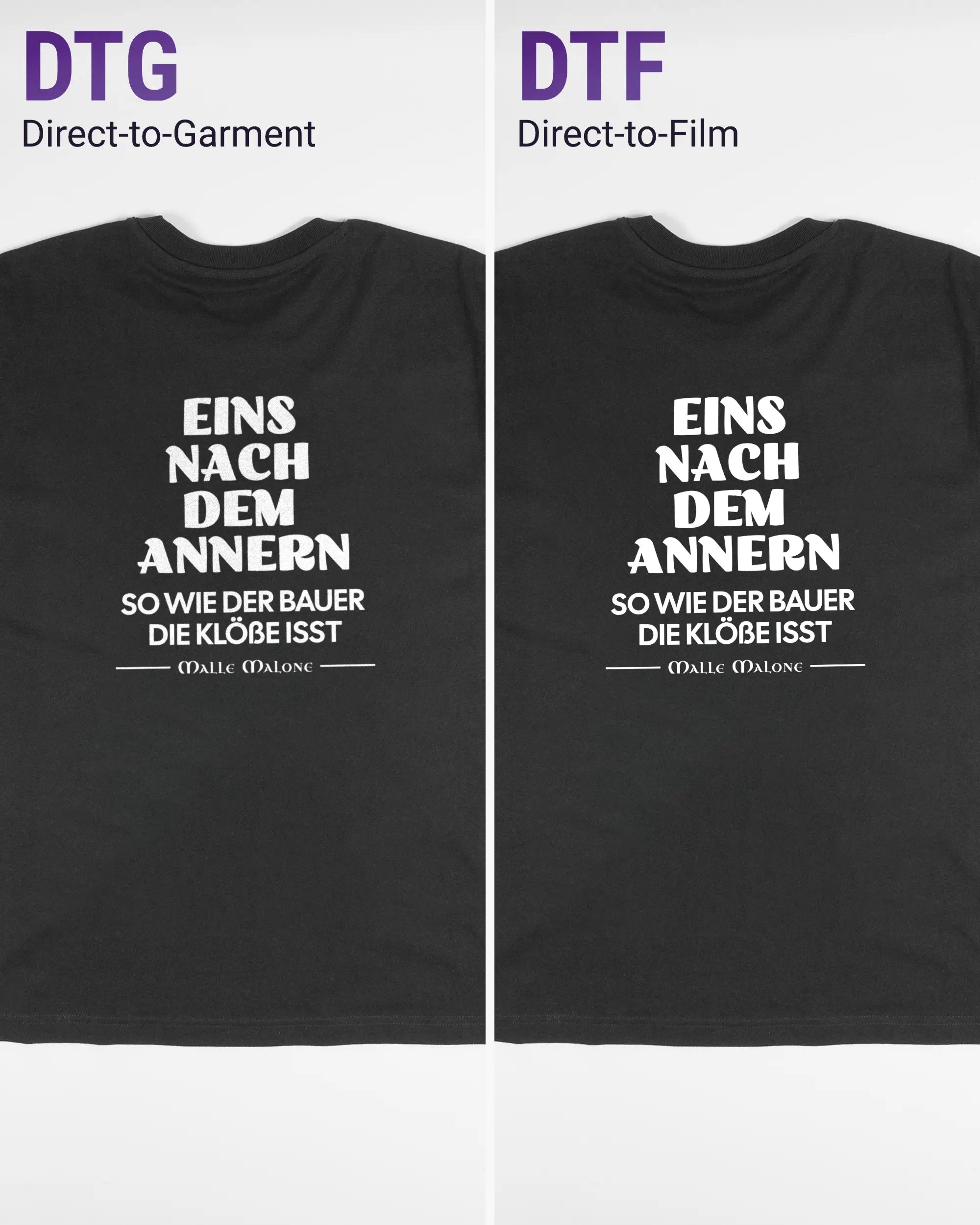 Vergleich der Rückseiten des Basic Unisex T-Shirt Oversized von Maondo mit dem Design Eins nach dem Annern in der Farbe Black und in der Größe S links mit dem Direct-to-Garment und rechts mit dem Direct-to-Film Verfahren