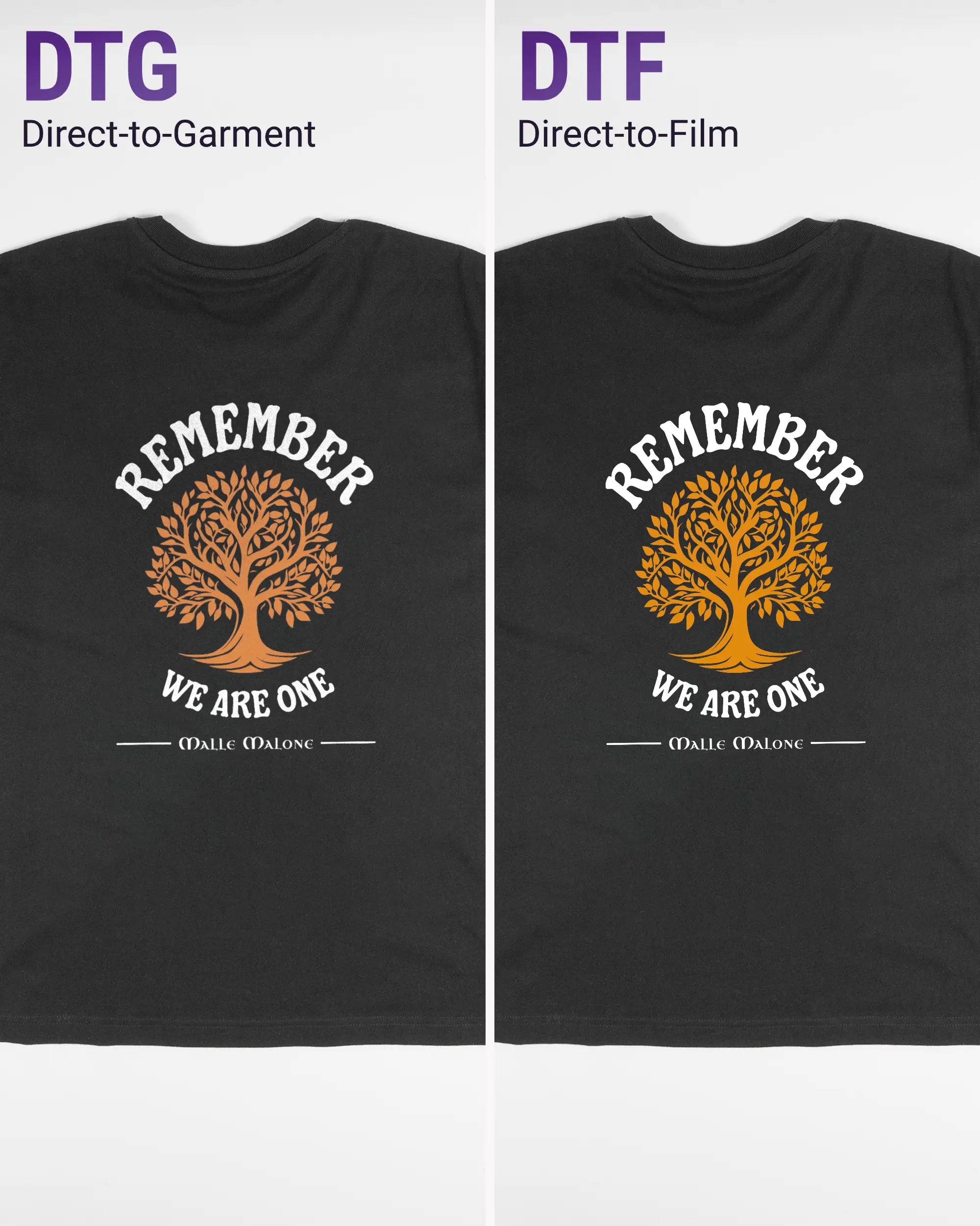 Vergleich der Rückseiten des Basic Unisex T-Shirt Oversized von Maondo mit dem Design We are one in der Farbe Black und in der Größe S links mit dem Direct-to-Garment und rechts mit dem Direct-to-Film Verfahren