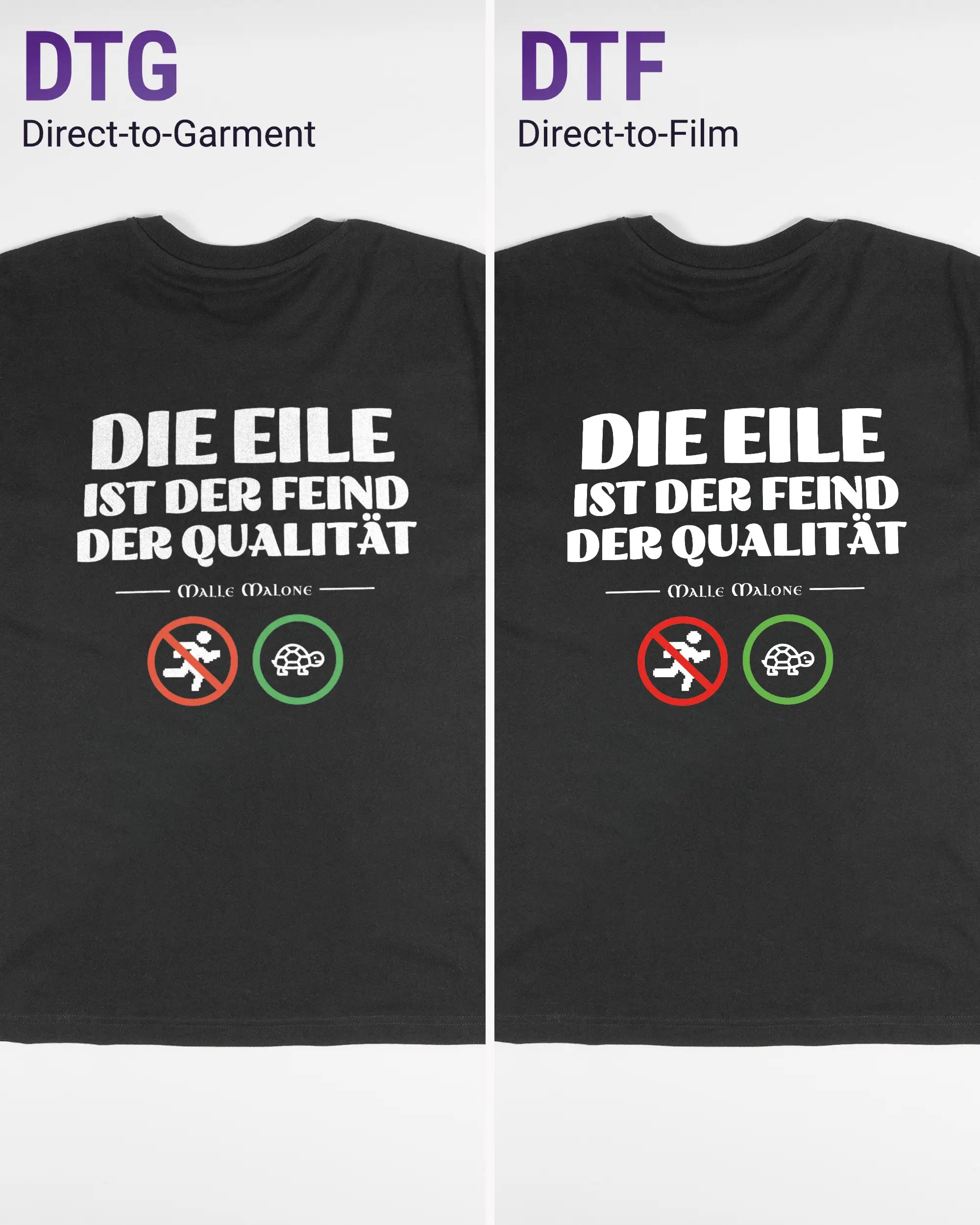 Vergleich der Rückseiten des Basic Unisex T-Shirt Oversized von Maondo mit dem Design Keine Eile in der Farbe Black und in der Größe S links mit dem Direct-to-Garment und rechts mit dem Direct-to-Film Verfahren